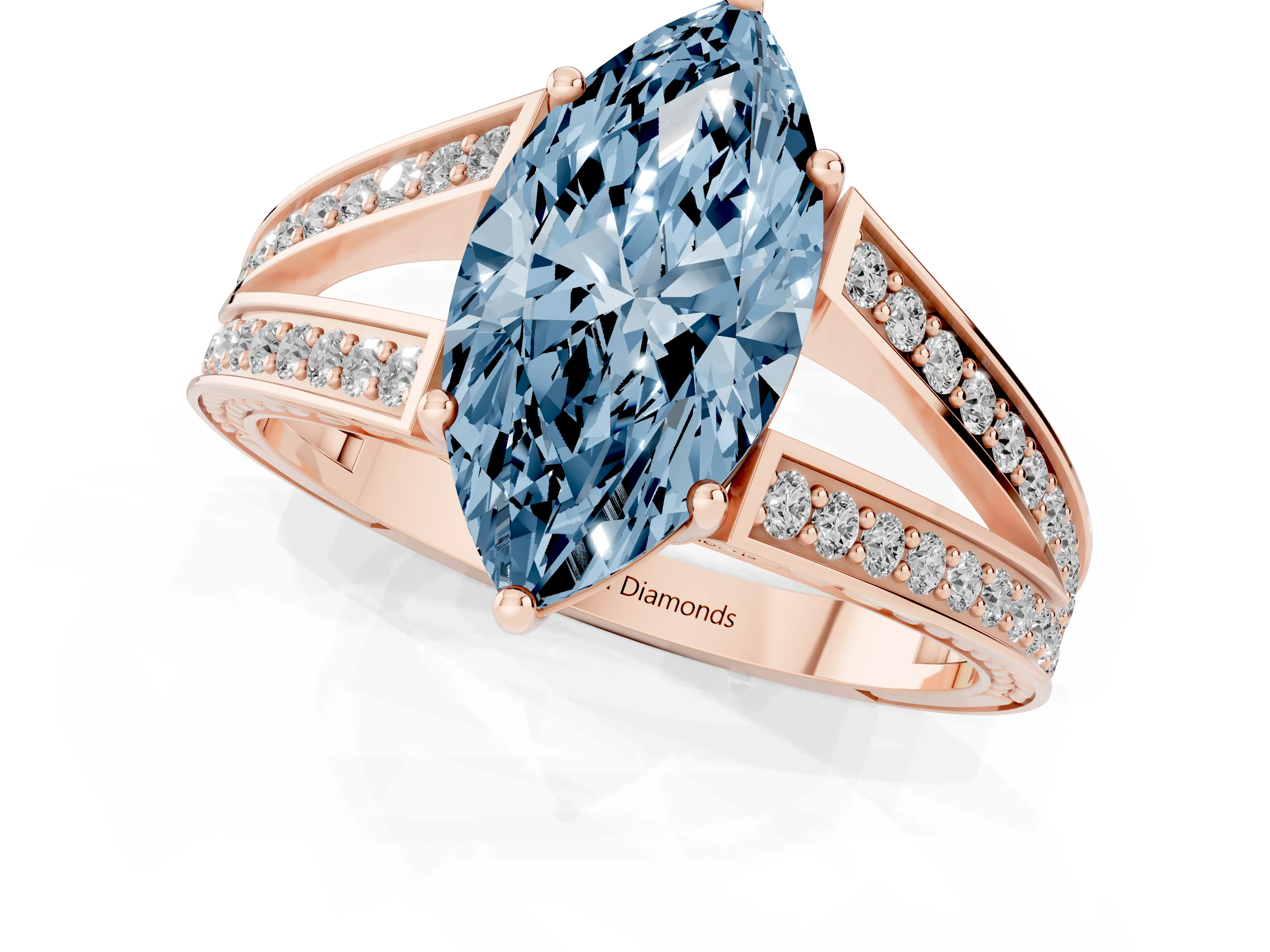 Fancy Blue Marquise Cut Diamond Split Shank Ring Set in Rose gold with Pavé Band and Prong Setting