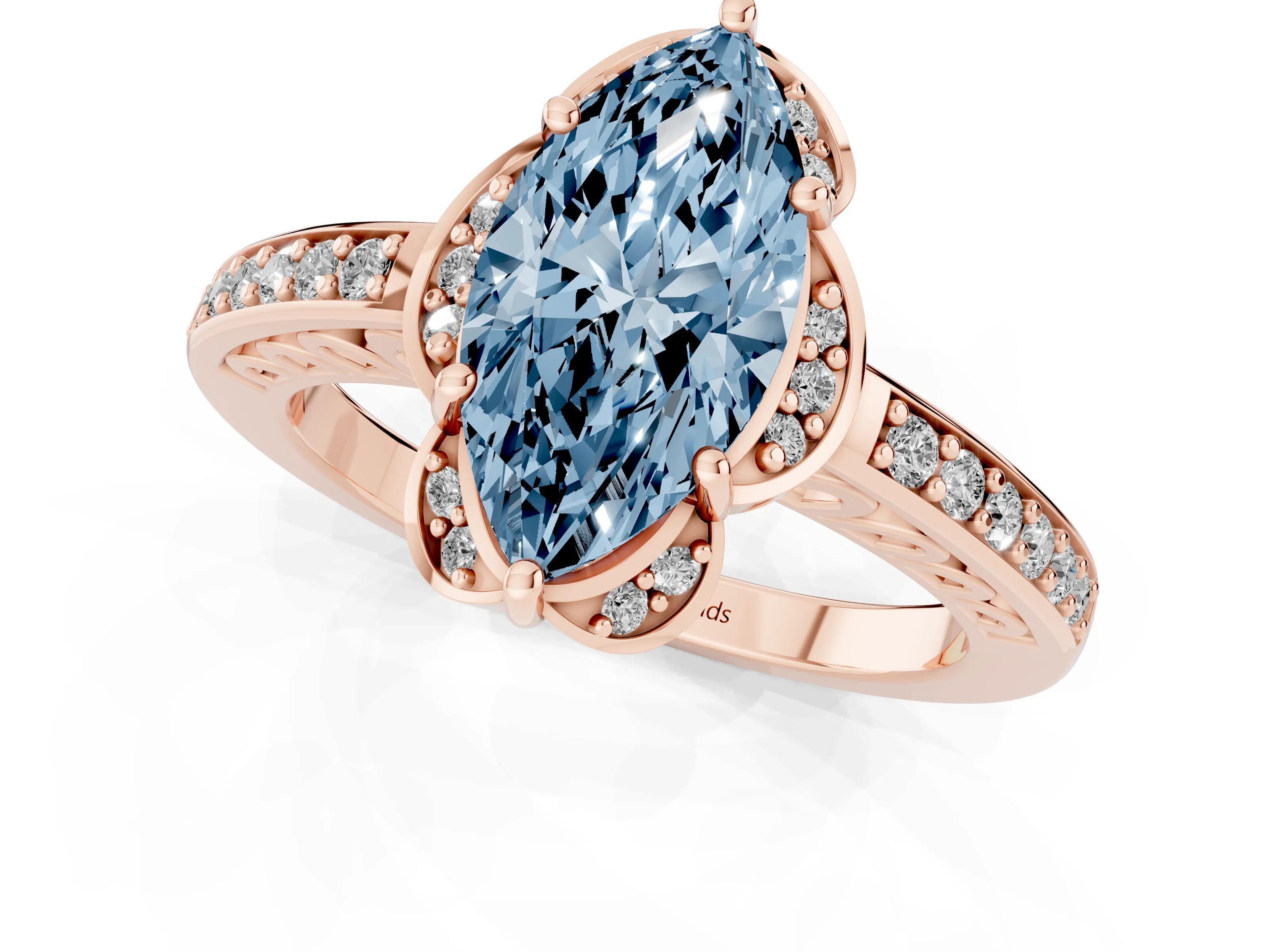 Fancy Blue Marquise Cut Diamond Halo Ring Set in Rose gold with Channel Set Band and Prong Setting