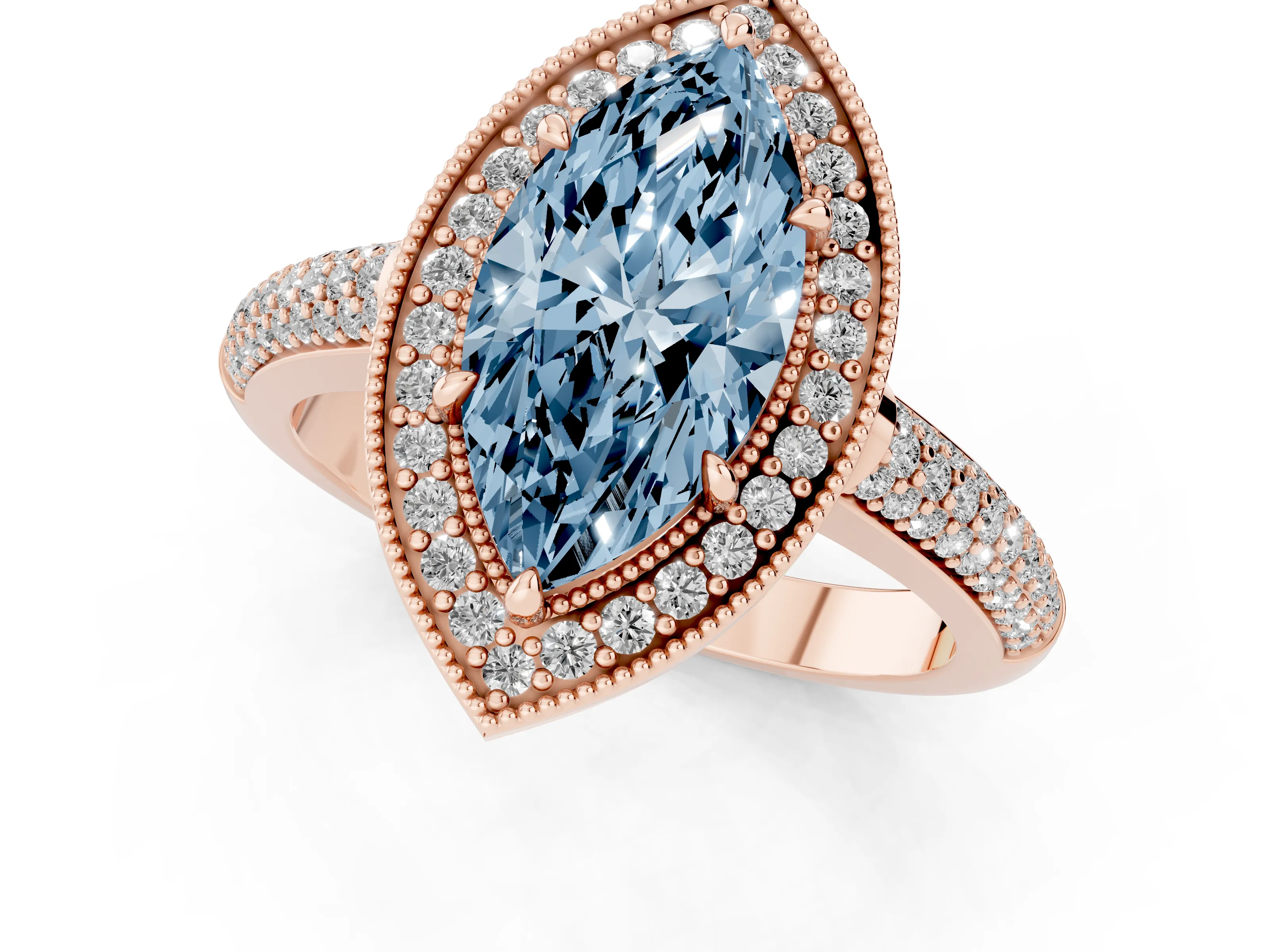 Fancy Blue Marquise Cut Diamond Halo Pavé Band Set in Rose gold with Prong Setting
