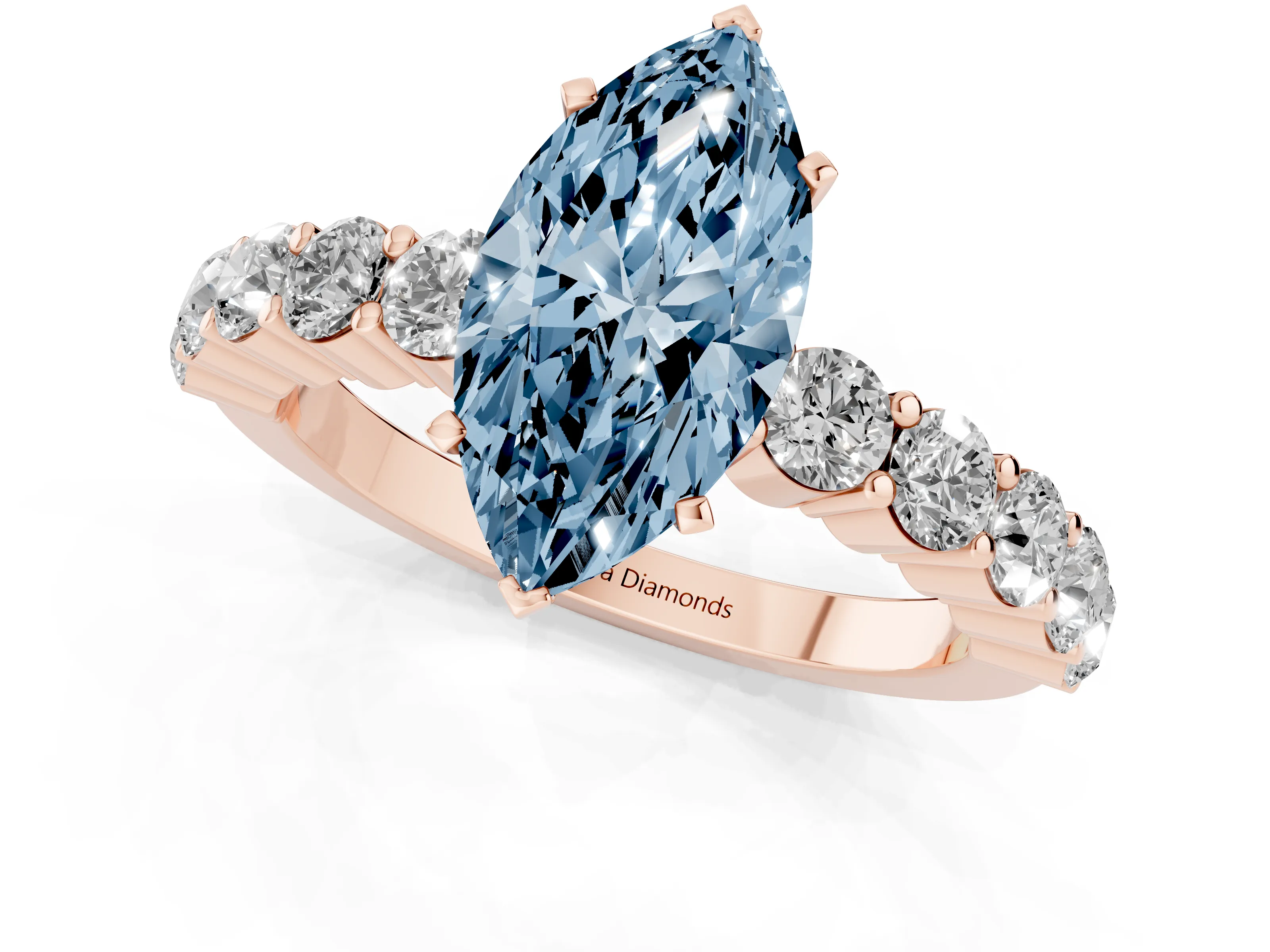 Fancy Blue Marquise Cut Diamond Solitaire Ring Set in Rose gold with Shared Prong Round Side Stones