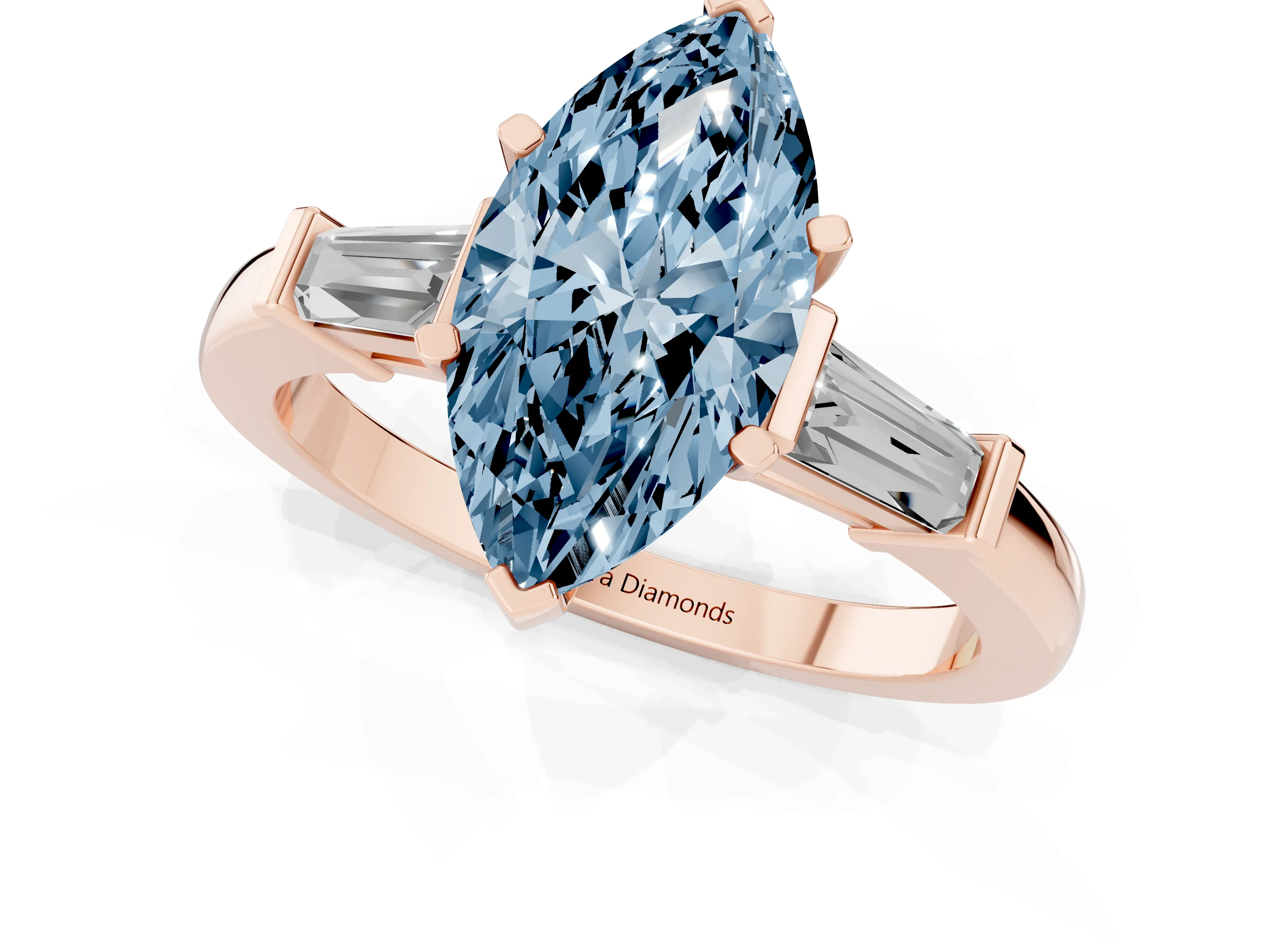 Fancy Blue Marquise Cut Diamond Solitaire Ring Set in Rose gold with Tapered Baguette Accents and Prong Setting