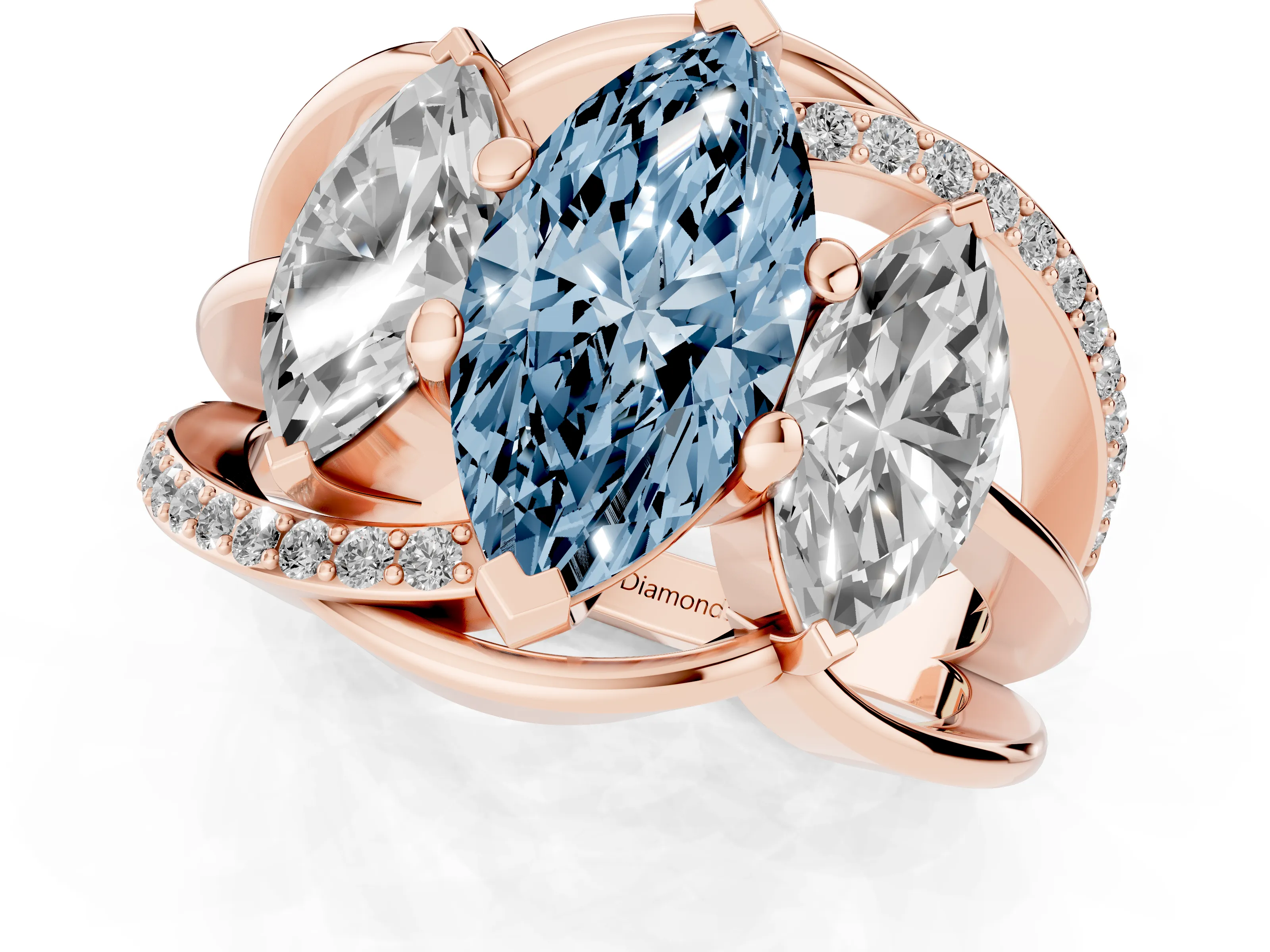 Fancy Blue Marquise Cut Diamond Three-Stone Ring Set in Rose gold with Split Shank and Prong Setting