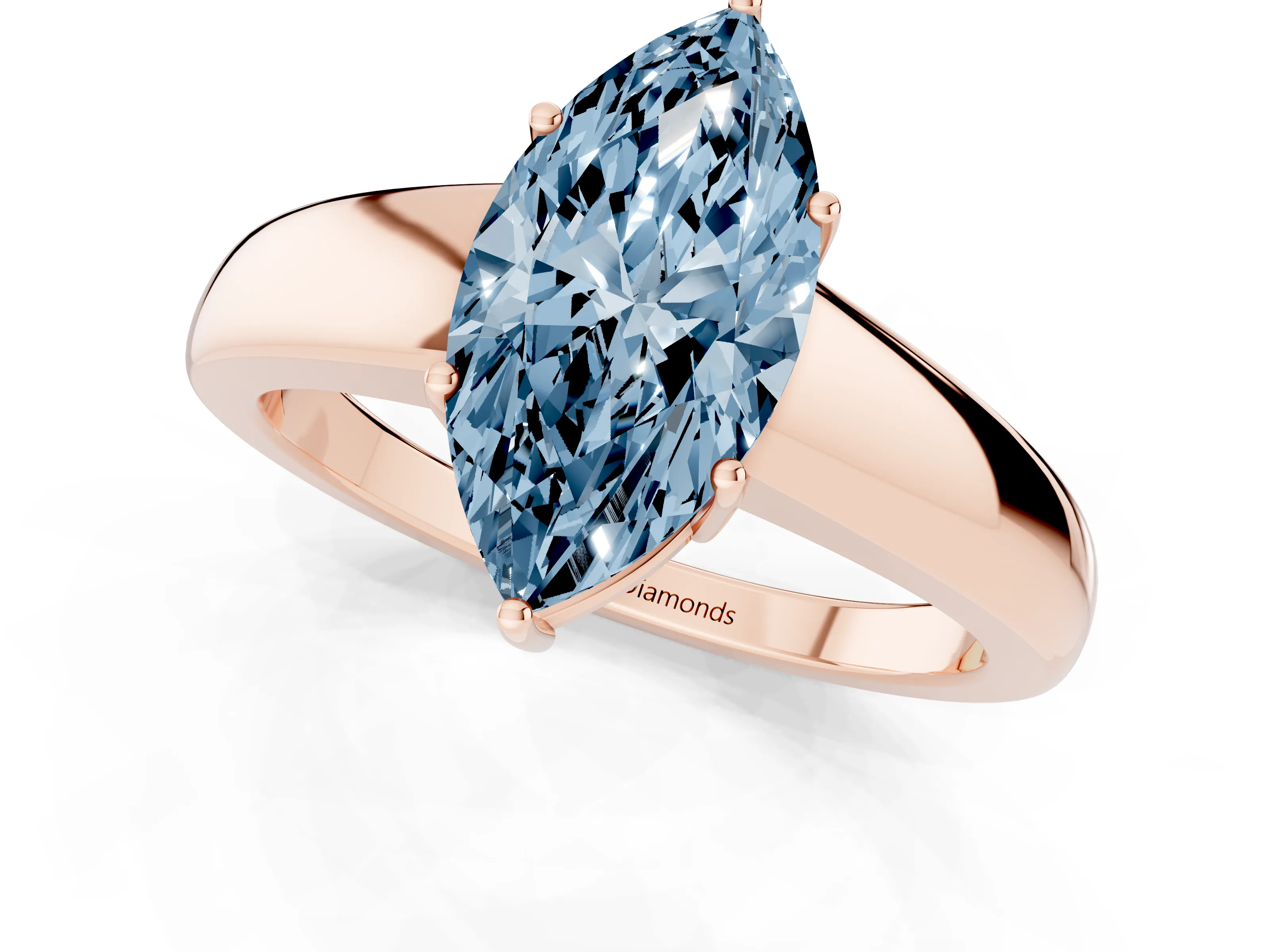 Fancy Blue Marquise Cut Diamond Solitaire Ring Set in Rose gold with Tapered Band and Prong Setting