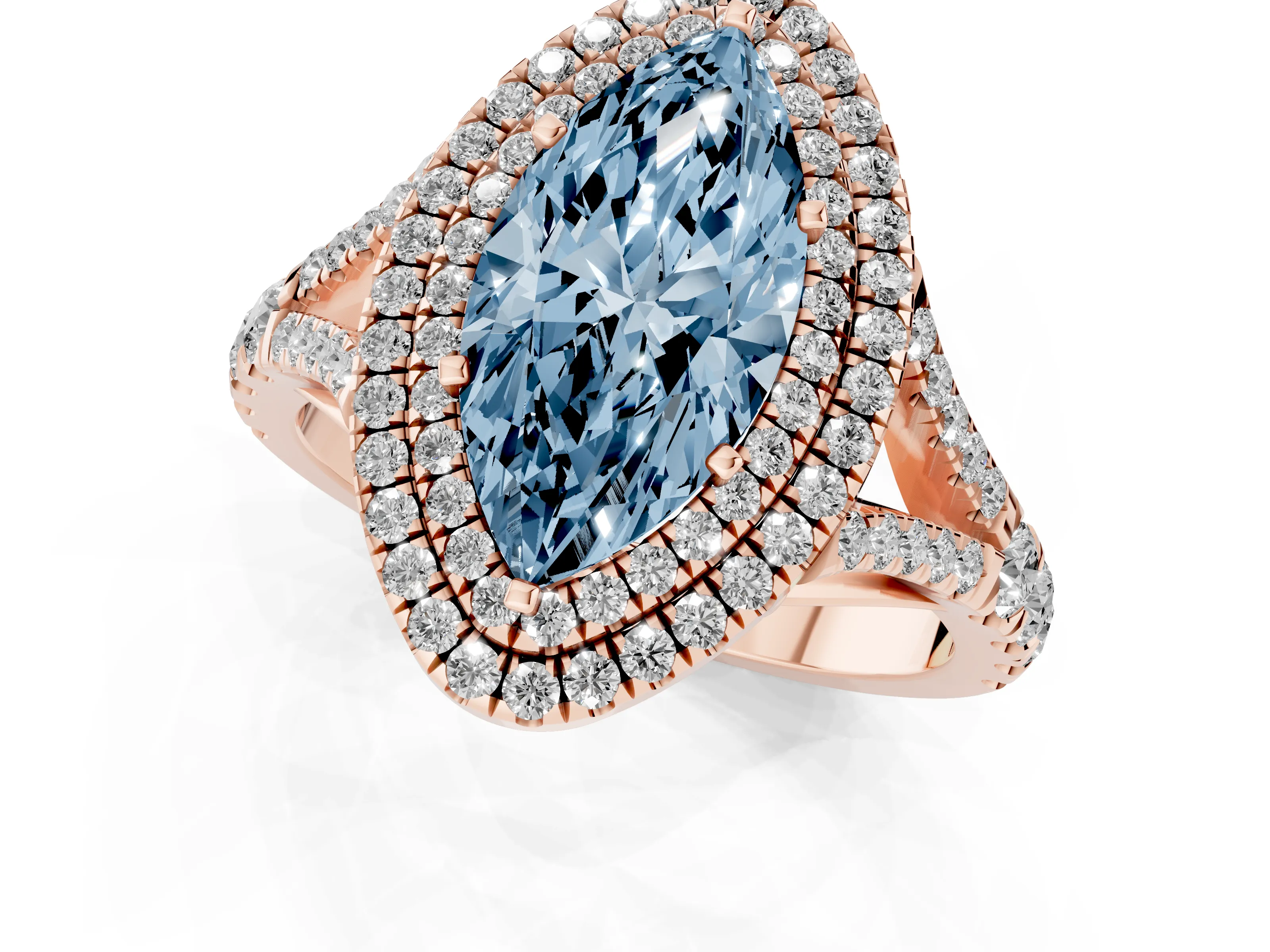 Fancy Blue Marquise Cut Diamond Pavé Split Shank Double Halo Engagement Ring Set in Rose gold