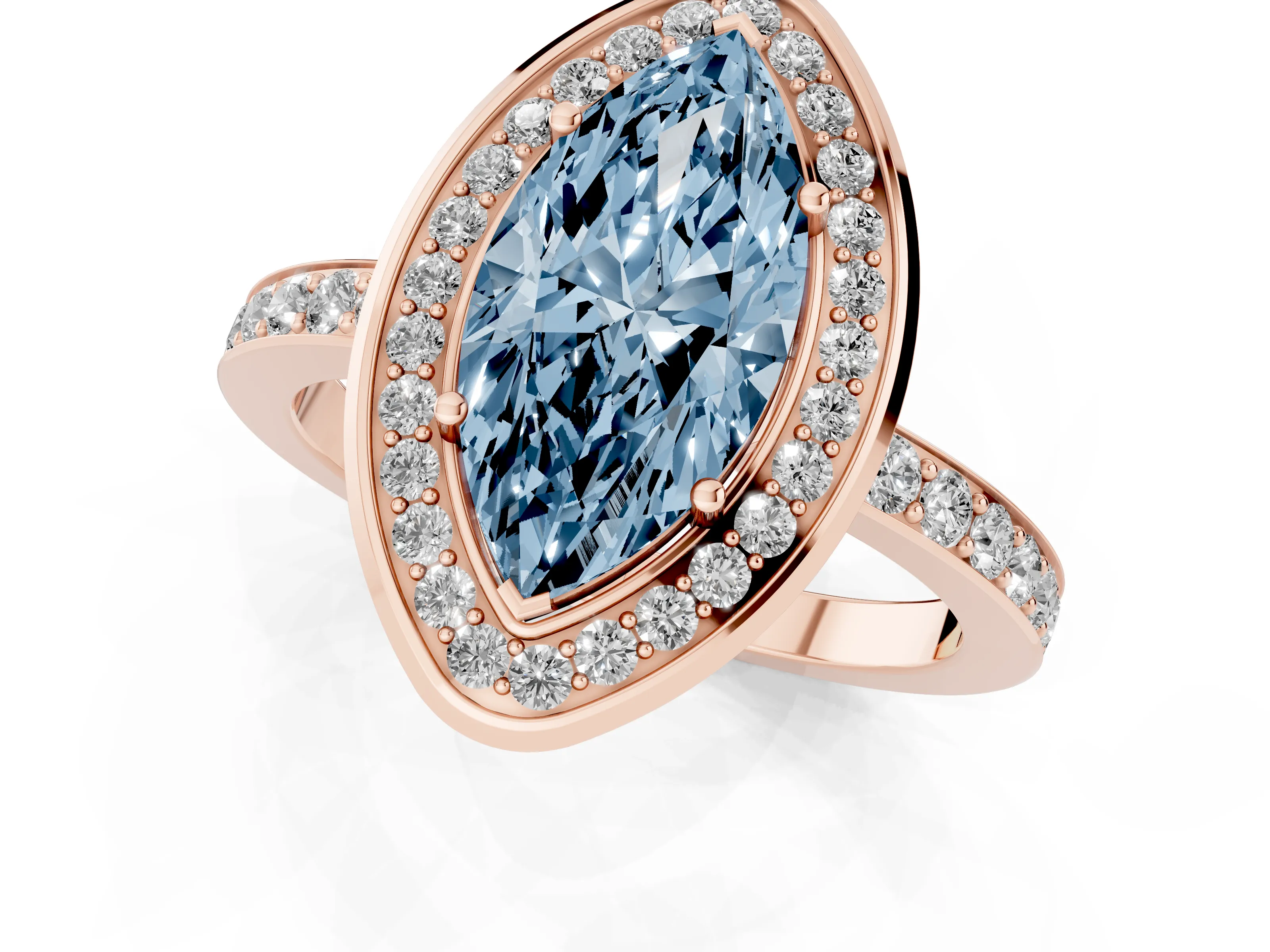 Fancy Blue Marquise Cut Diamond Halo Ring Set in Rose gold with Bezel Frame and Pavé Band