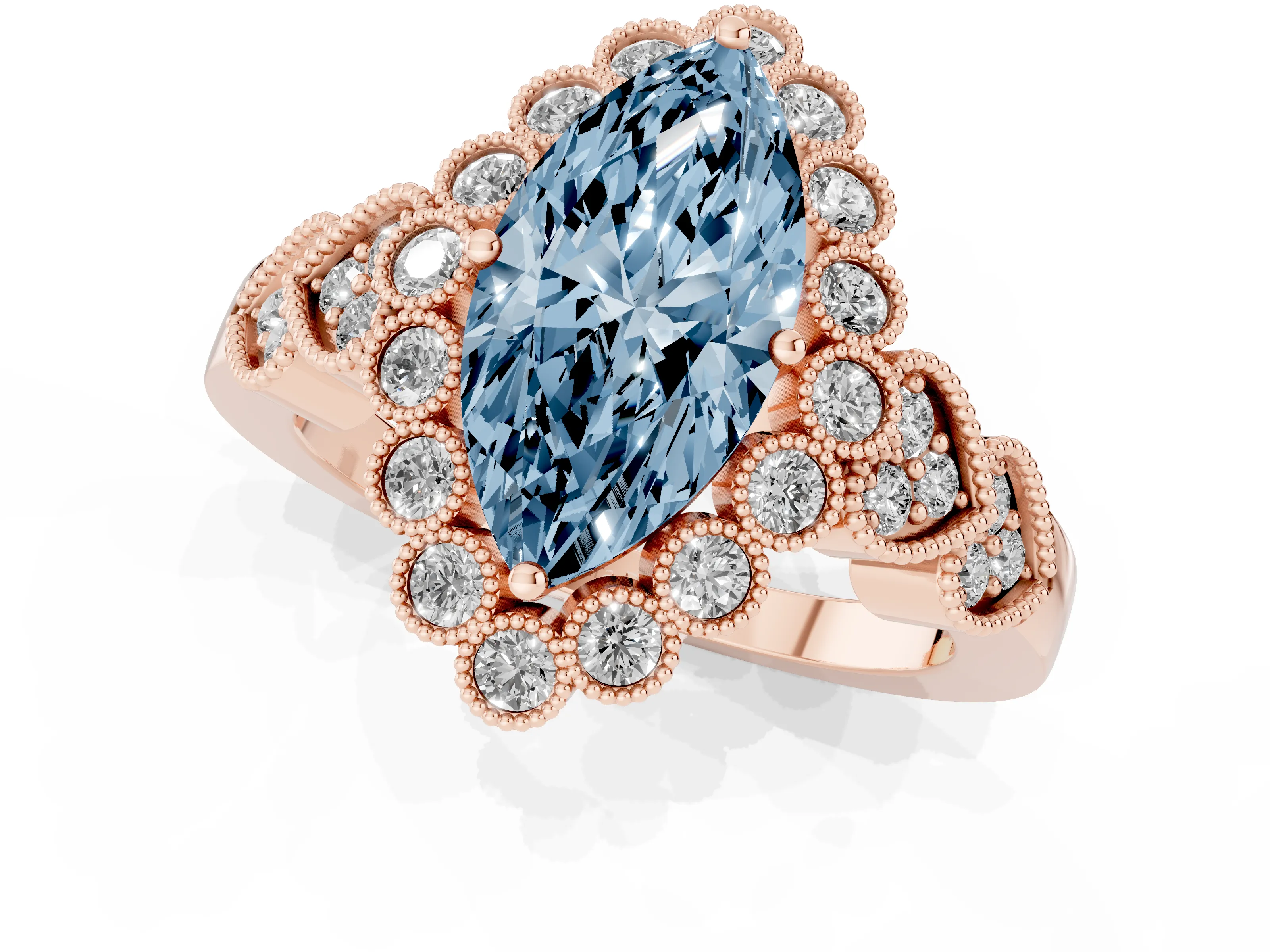 Fancy Blue Marquise Cut Diamond Solitaire Ring Set in Rose gold with Milgrain Pavé Heart Band