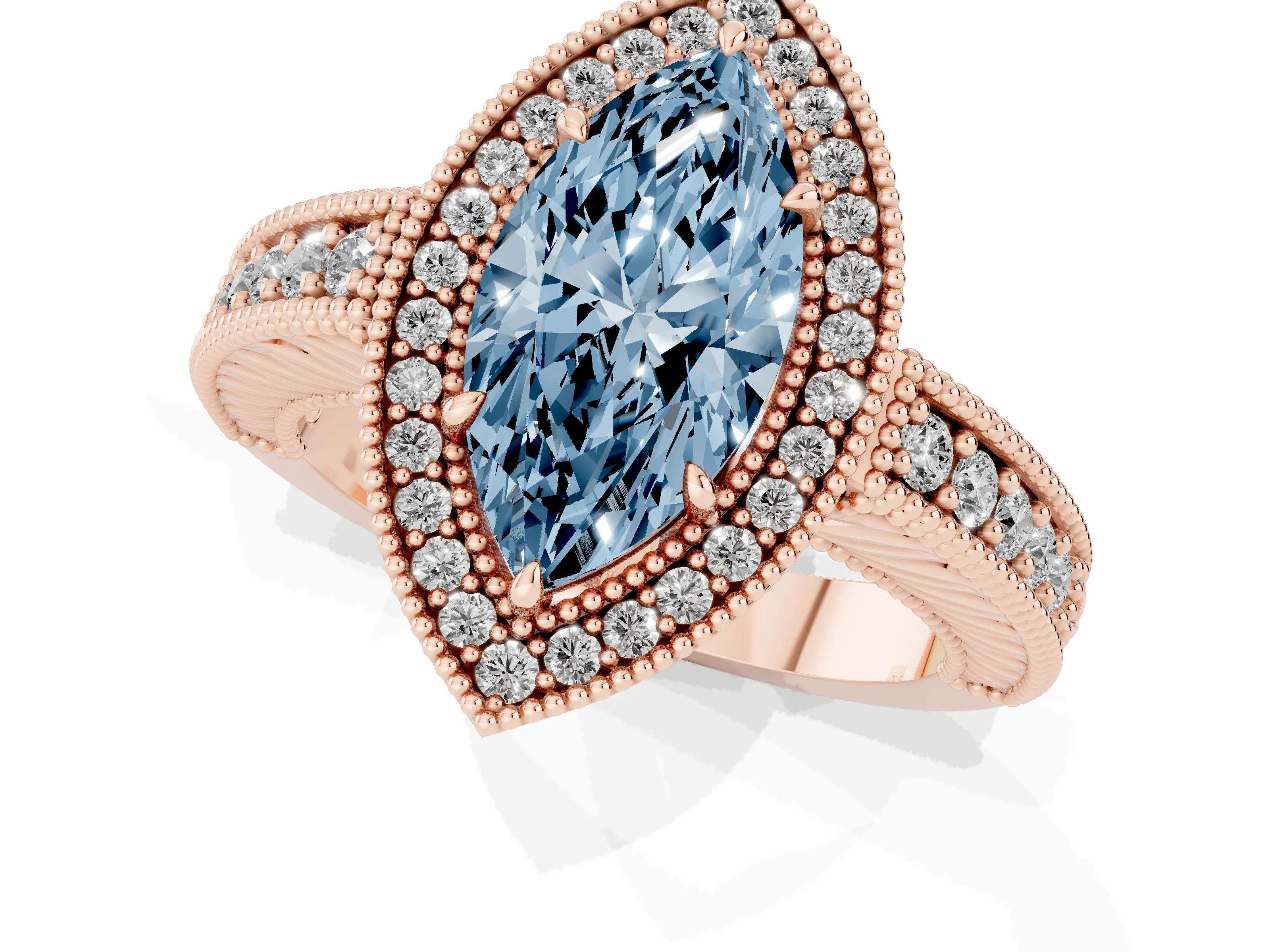 Fancy Blue Marquise Cut Diamond Halo Ring Set in Rose gold with Round Accent Halo, Pavé Band and Prong Setting