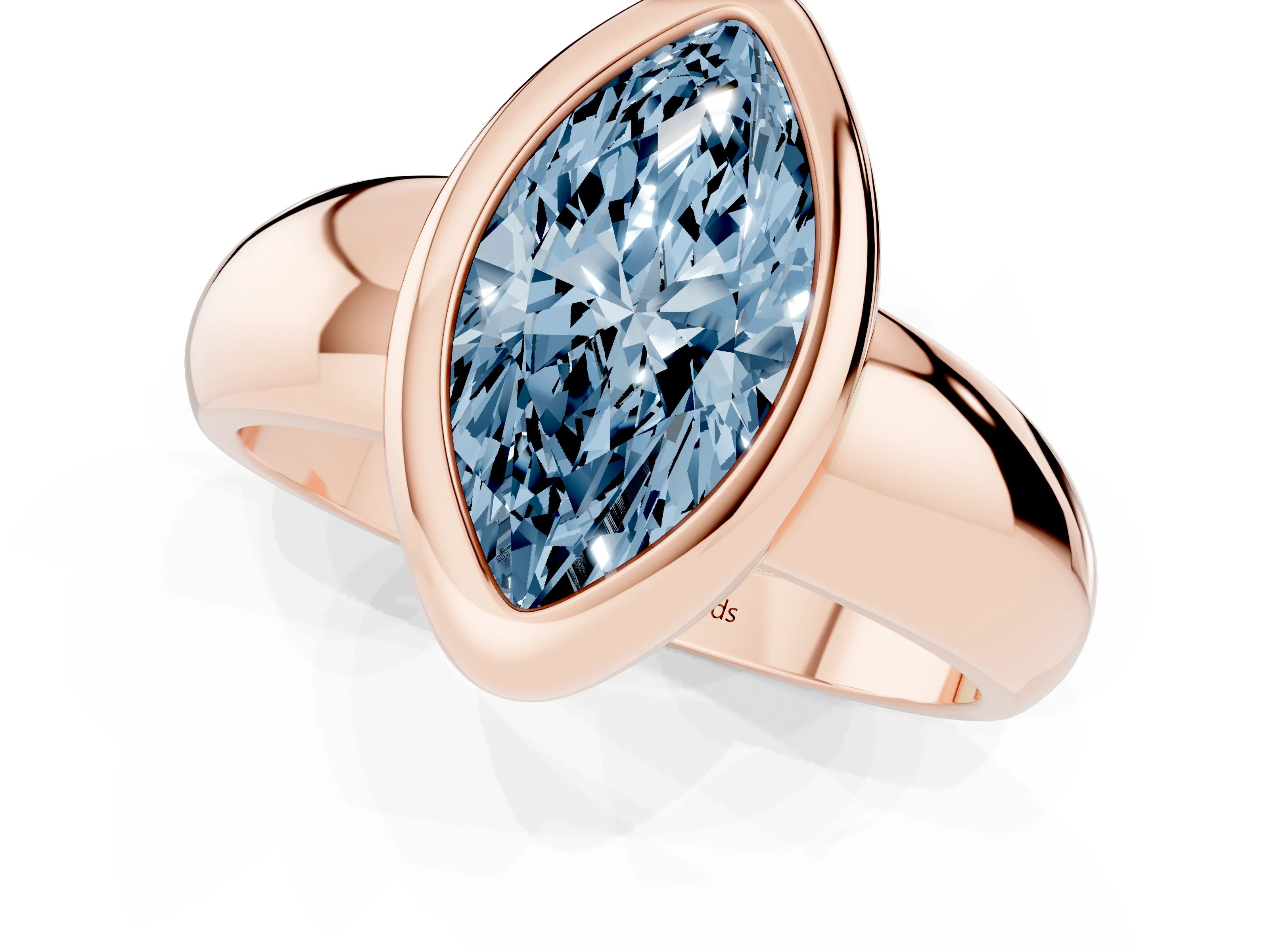 Fancy Blue Bezel Set Marquise Cut Diamond Solitaire Ring Set in Rose gold with Wide Band