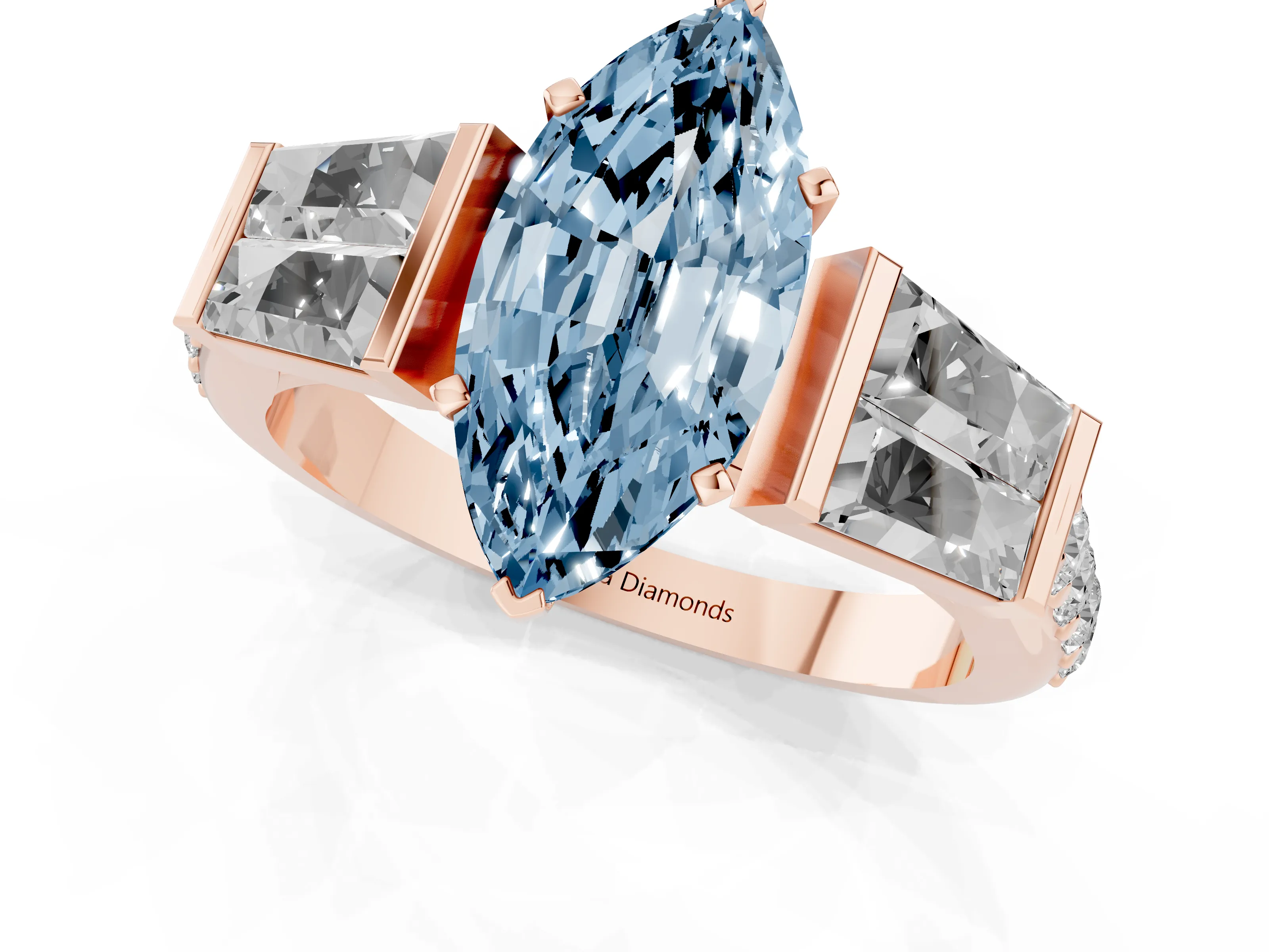 Fancy Blue Marquise Cut Diamond Engagement Ring Set in Rose gold with Baguette Side Stones and Channel Set Band