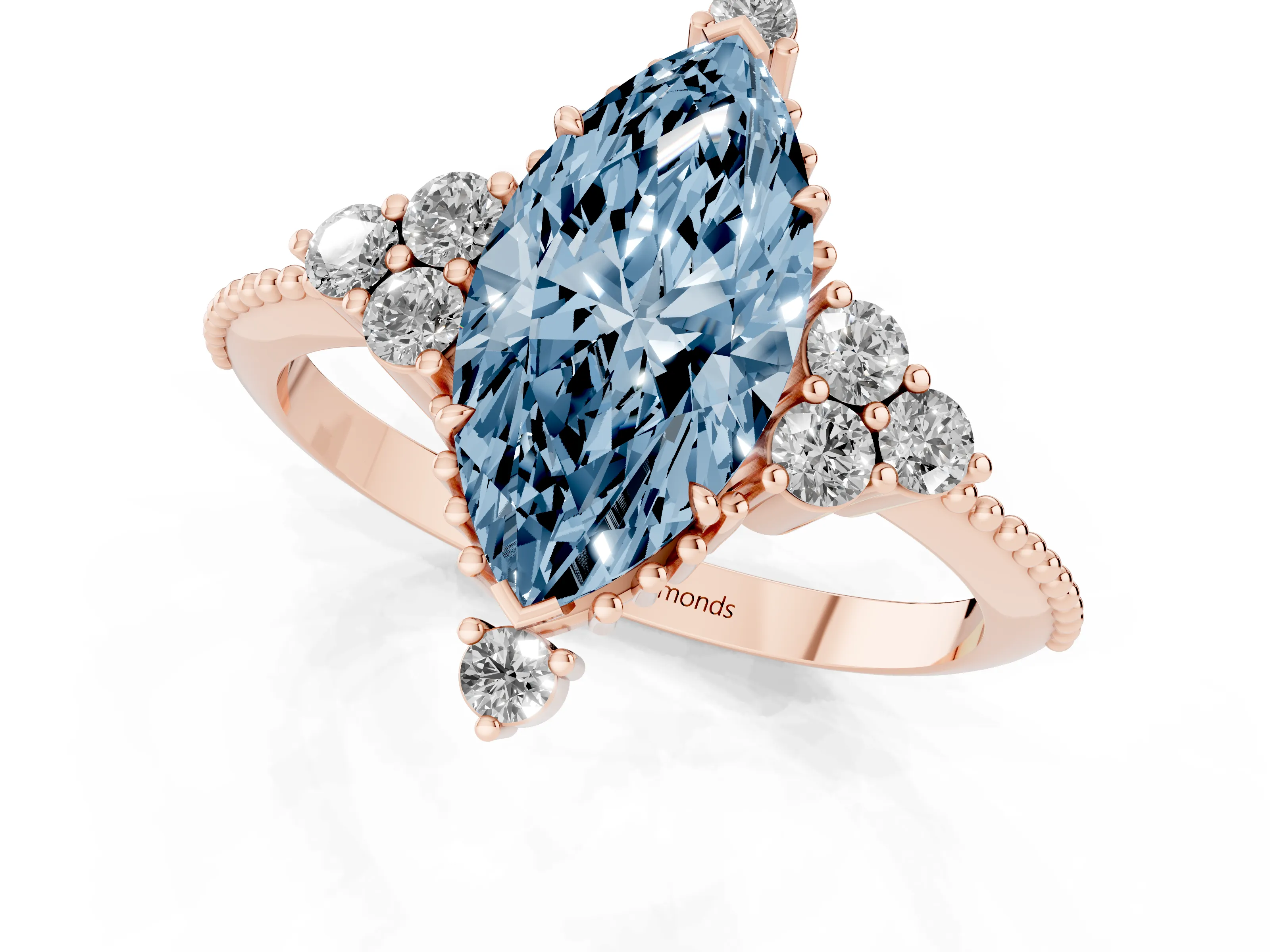 Fancy Blue Marquise Cut Diamond Cluster Ring Set in Rose gold with Beaded Band