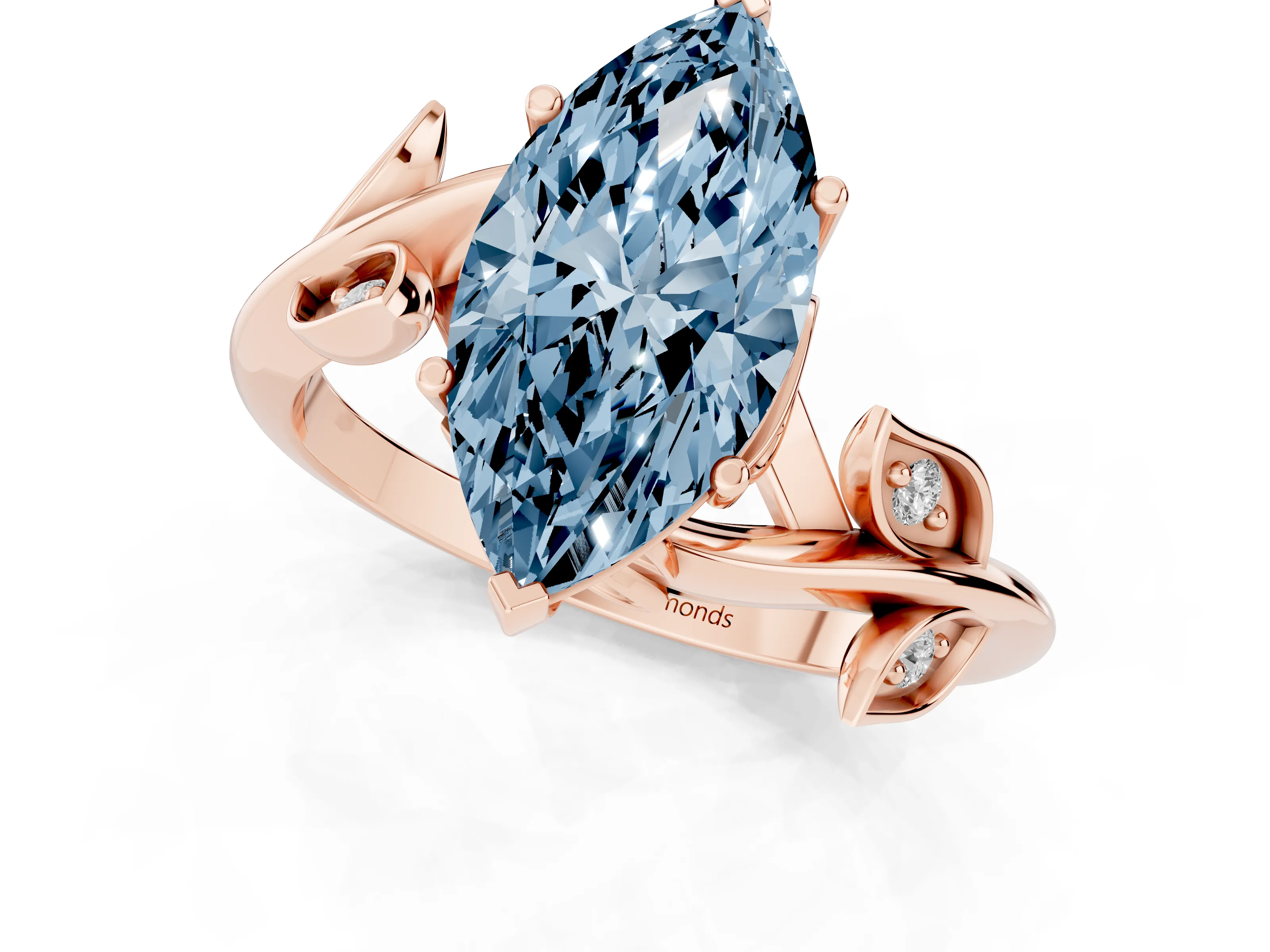 Fancy Blue Marquise Cut Diamond Solitaire Twist Engagement Ring Set in Rose gold with Pavé Leaf Accents