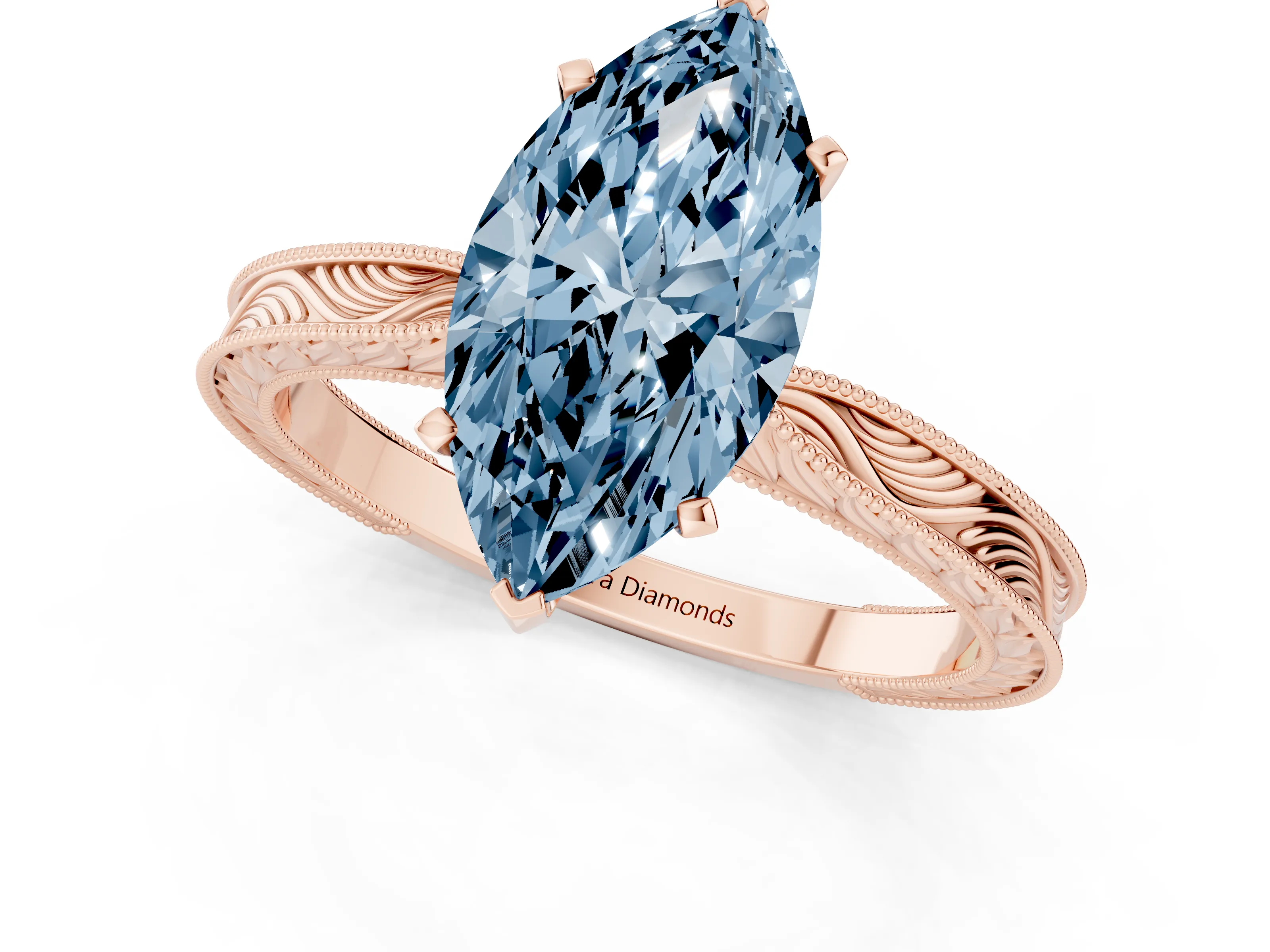 Fancy Blue Marquise Cut Diamond Solitaire Milgrain Engraved Band Set in Rose gold with Prong Setting