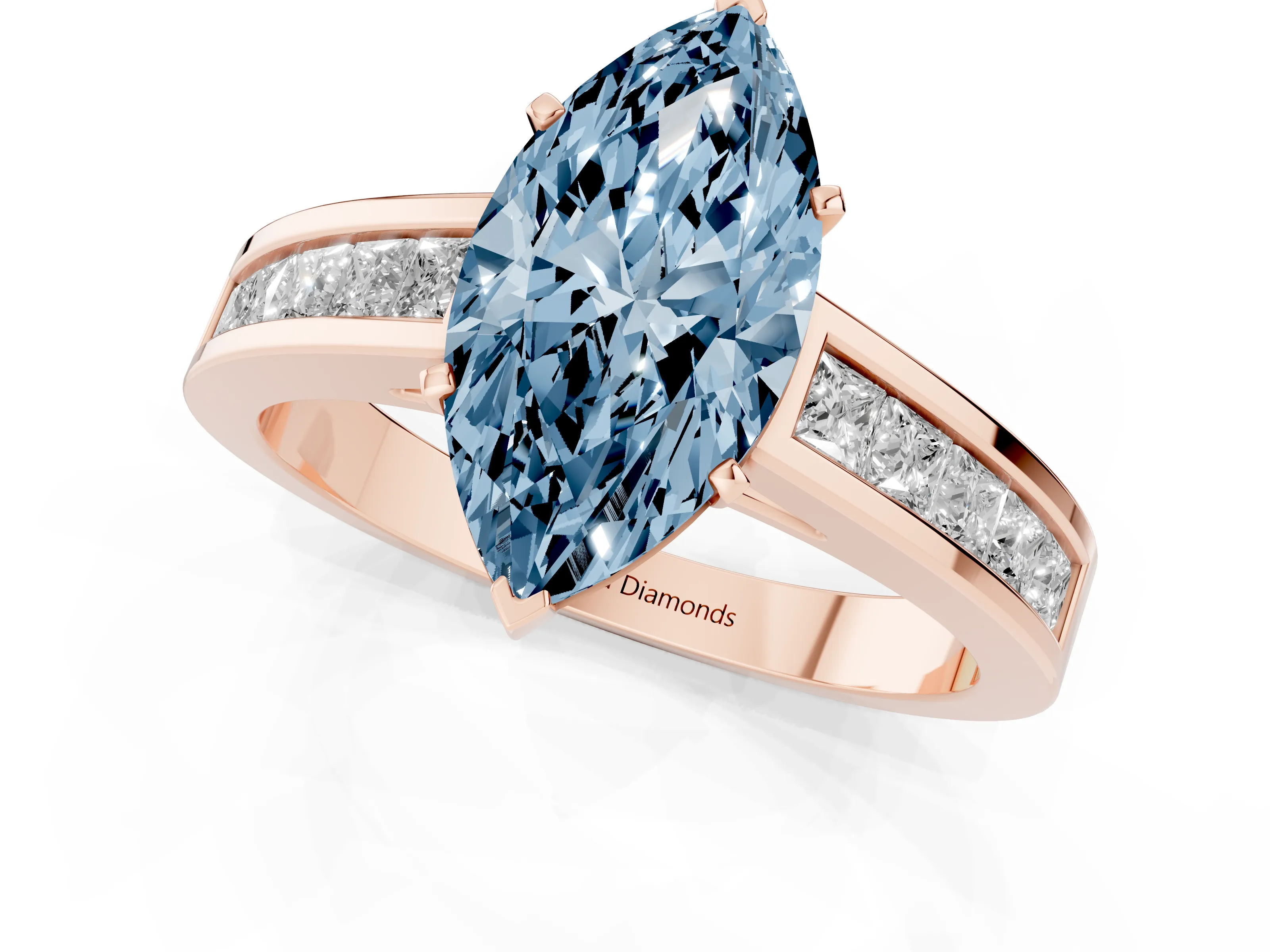 Fancy Blue Marquise Cut Diamond Solitaire Ring Set in Rose gold with Channel-Set Band and Prong Setting
