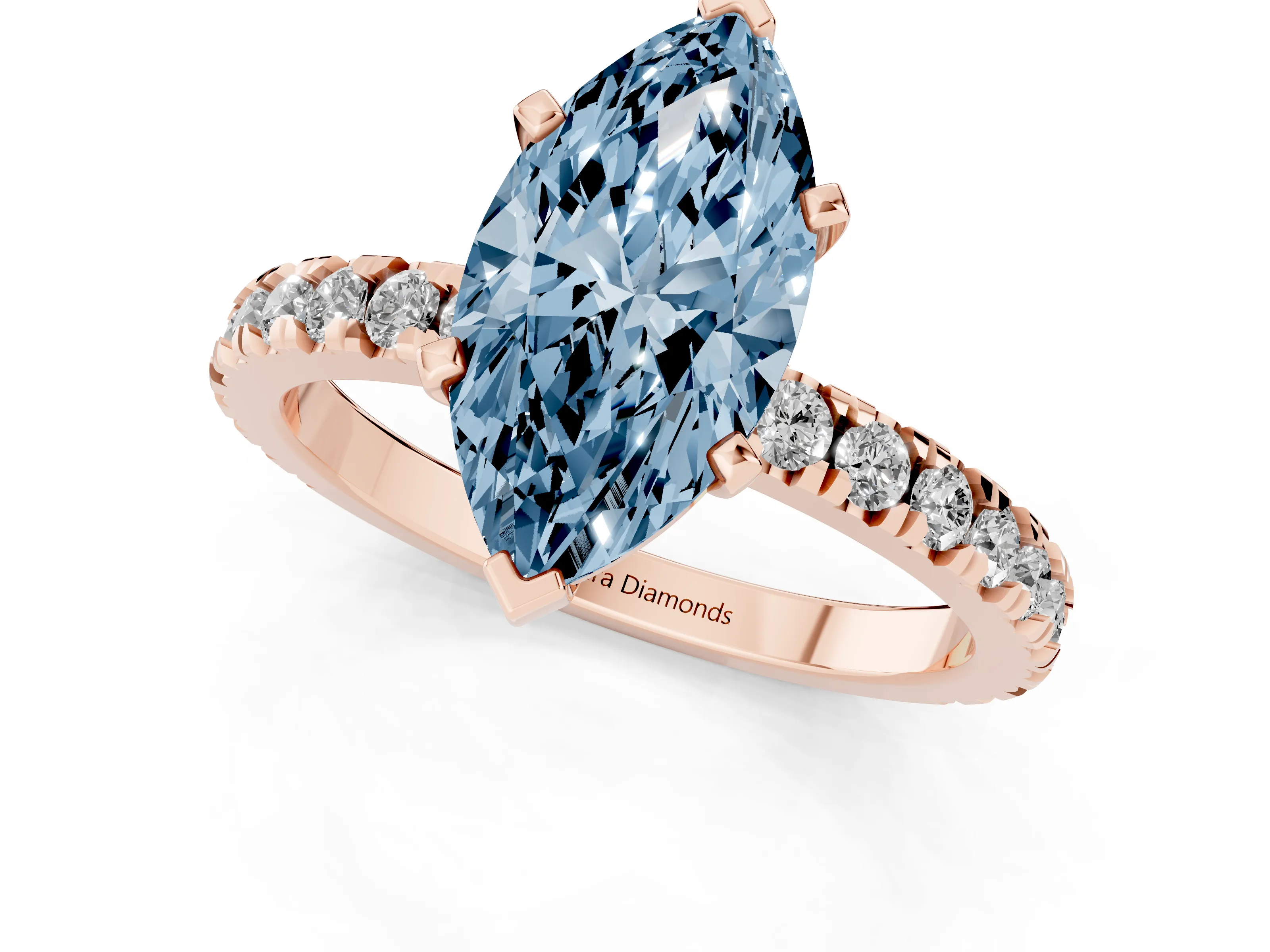 Fancy Blue Marquise Cut Diamond Pavé Band Solitaire Set in Rose gold with Prong Setting