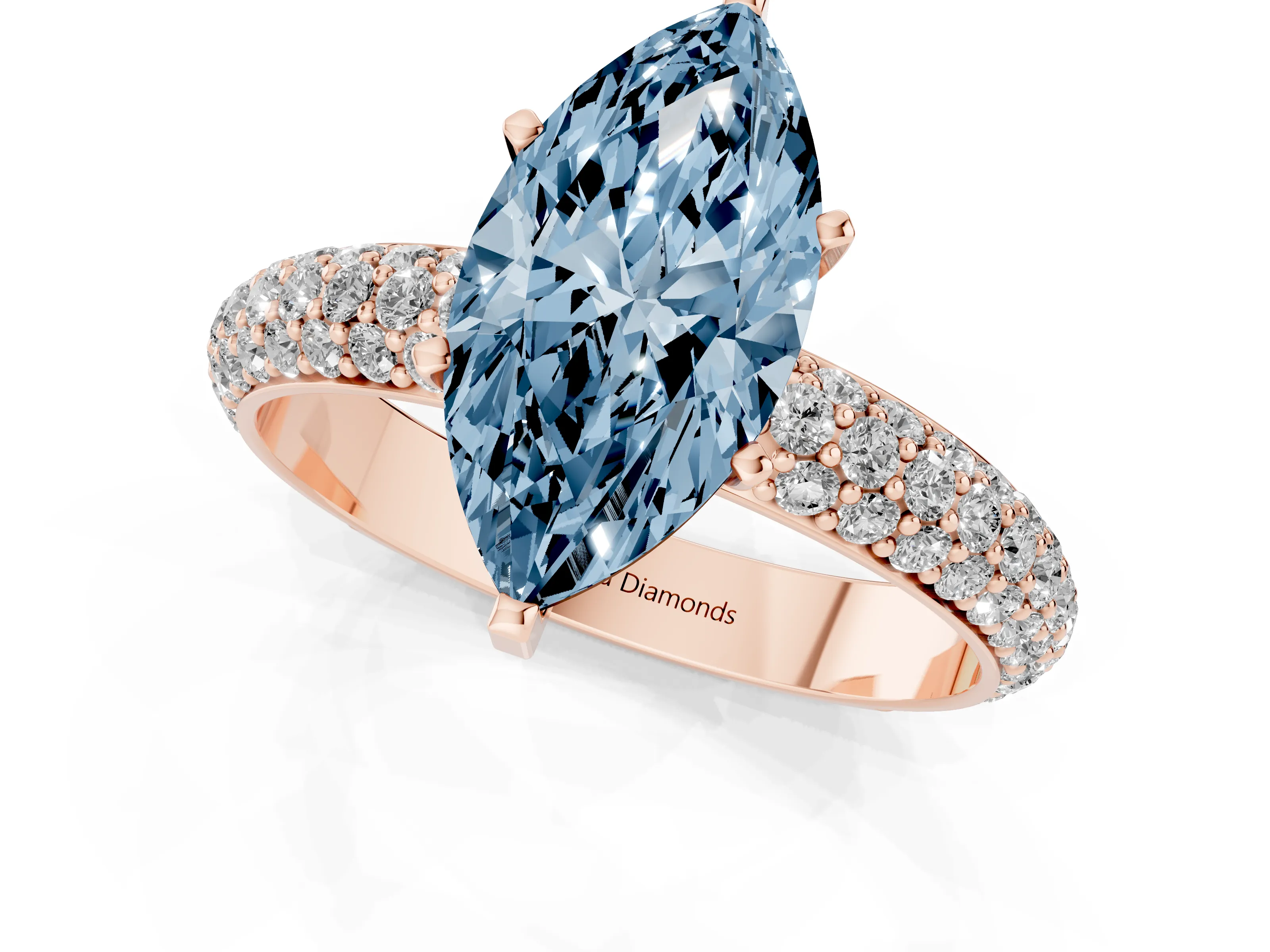 Fancy Blue Marquise Cut Diamond Solitaire Ring Set in Rose gold with Prong Setting and Pavé-Set Band