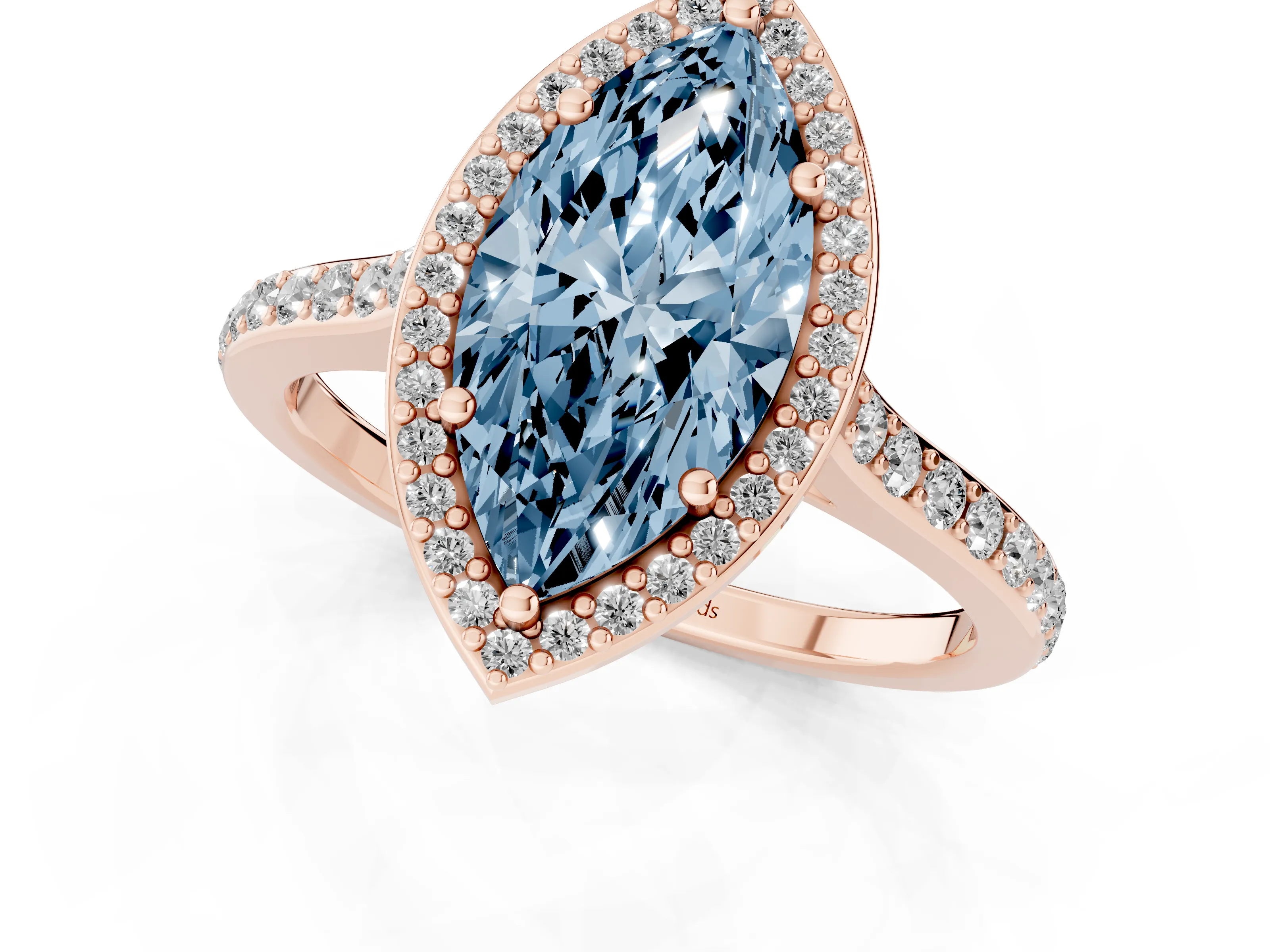 Fancy Blue Marquise Cut Diamond Halo Engagement Ring Set in Rose gold with Round Pavé Shoulders and Heart Gallery