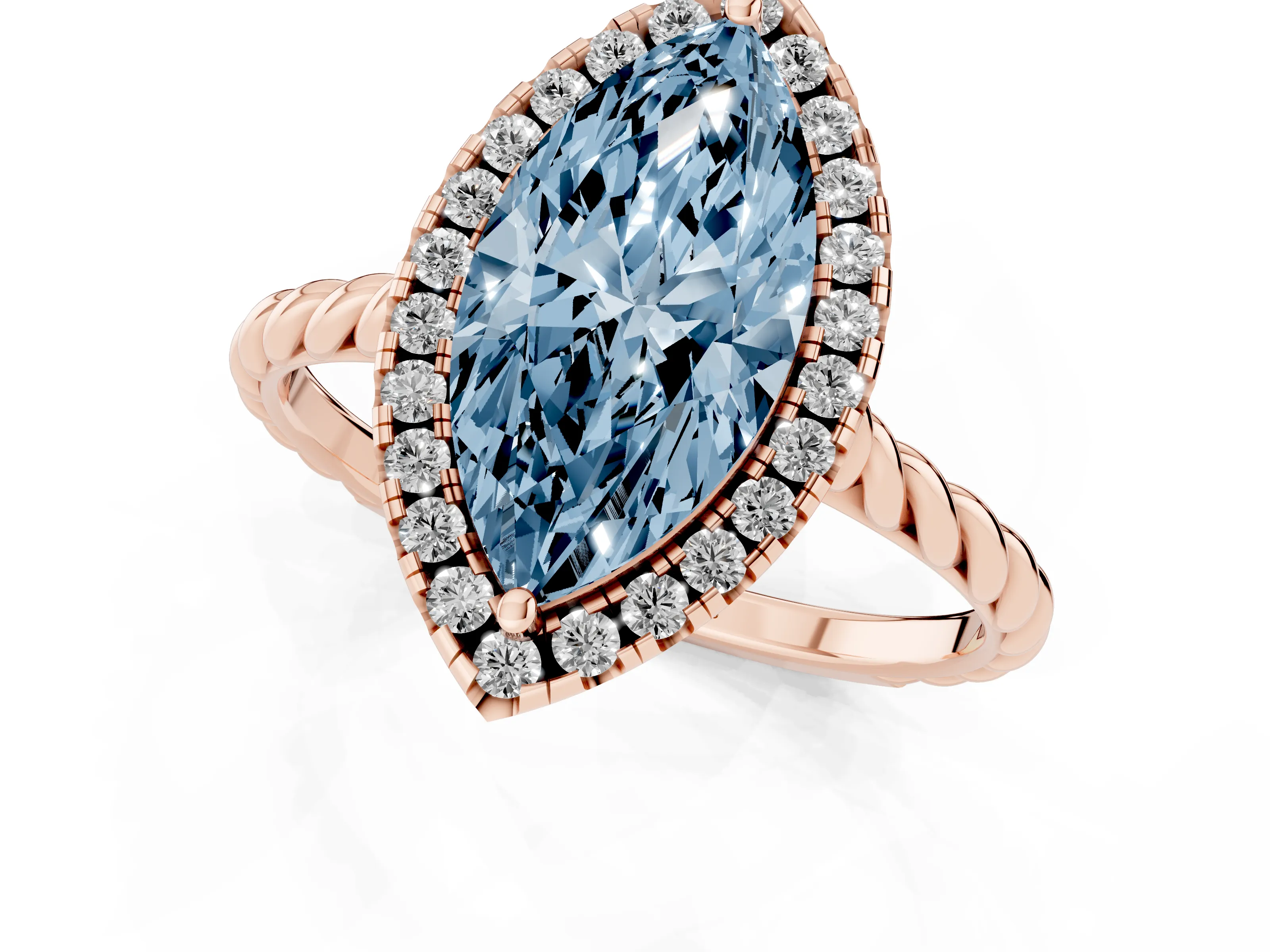 Fancy Blue Marquise Cut Diamond Halo Ring Set in Rose gold with Plain Twisted Band
