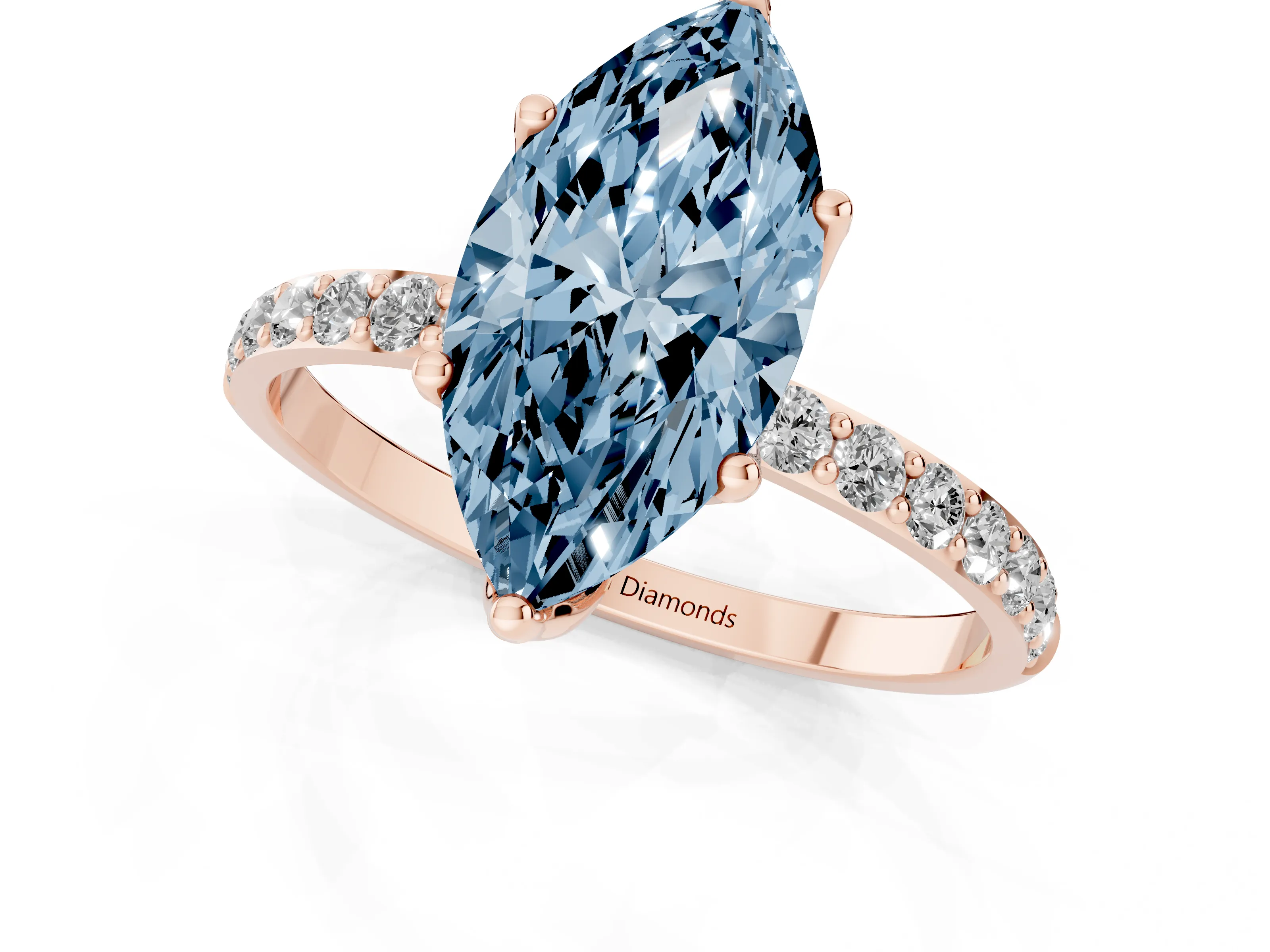 Fancy Blue Marquise Cut Diamond Solitaire Engagement Ring Set in Rose gold with Round Pavé Band and Prong Setting