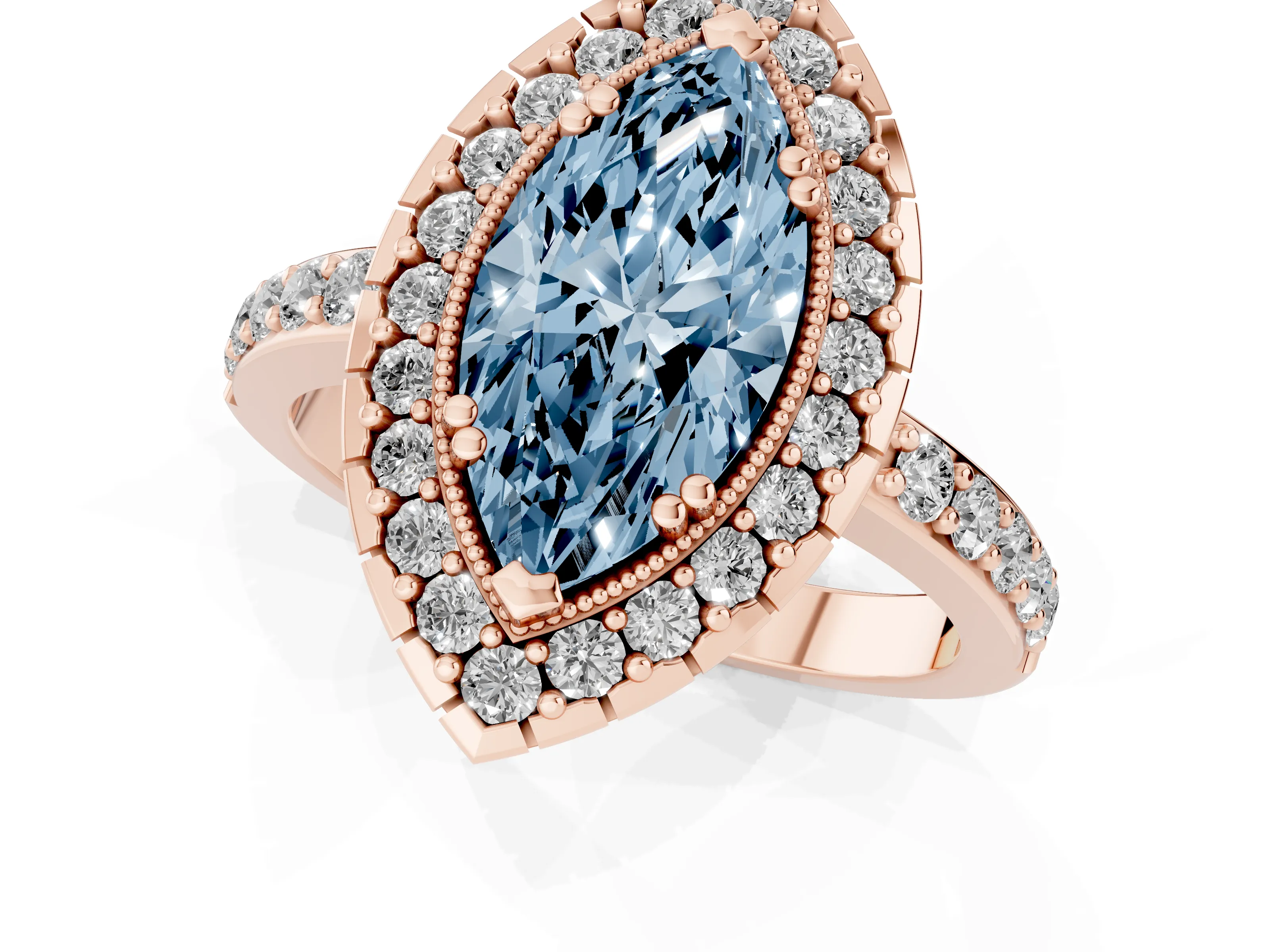 Fancy Blue Marquise Cut Diamond Halo Ring Set in Rose gold with Pavé Shank and Prong Setting