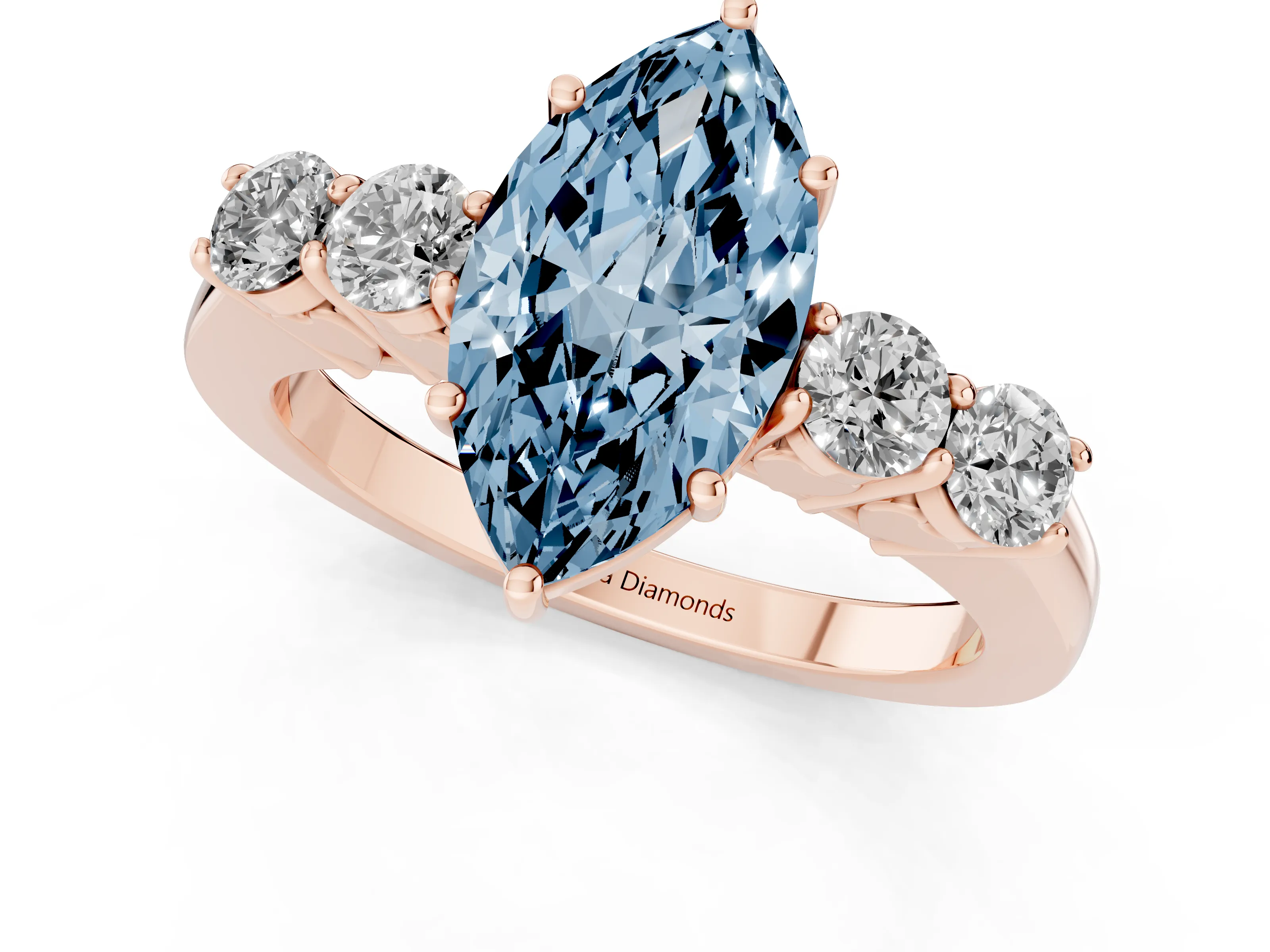 Fancy Blue Marquise Cut Diamond Five-Stone Prong Set Band Ring Set in Rose gold with Polished Band