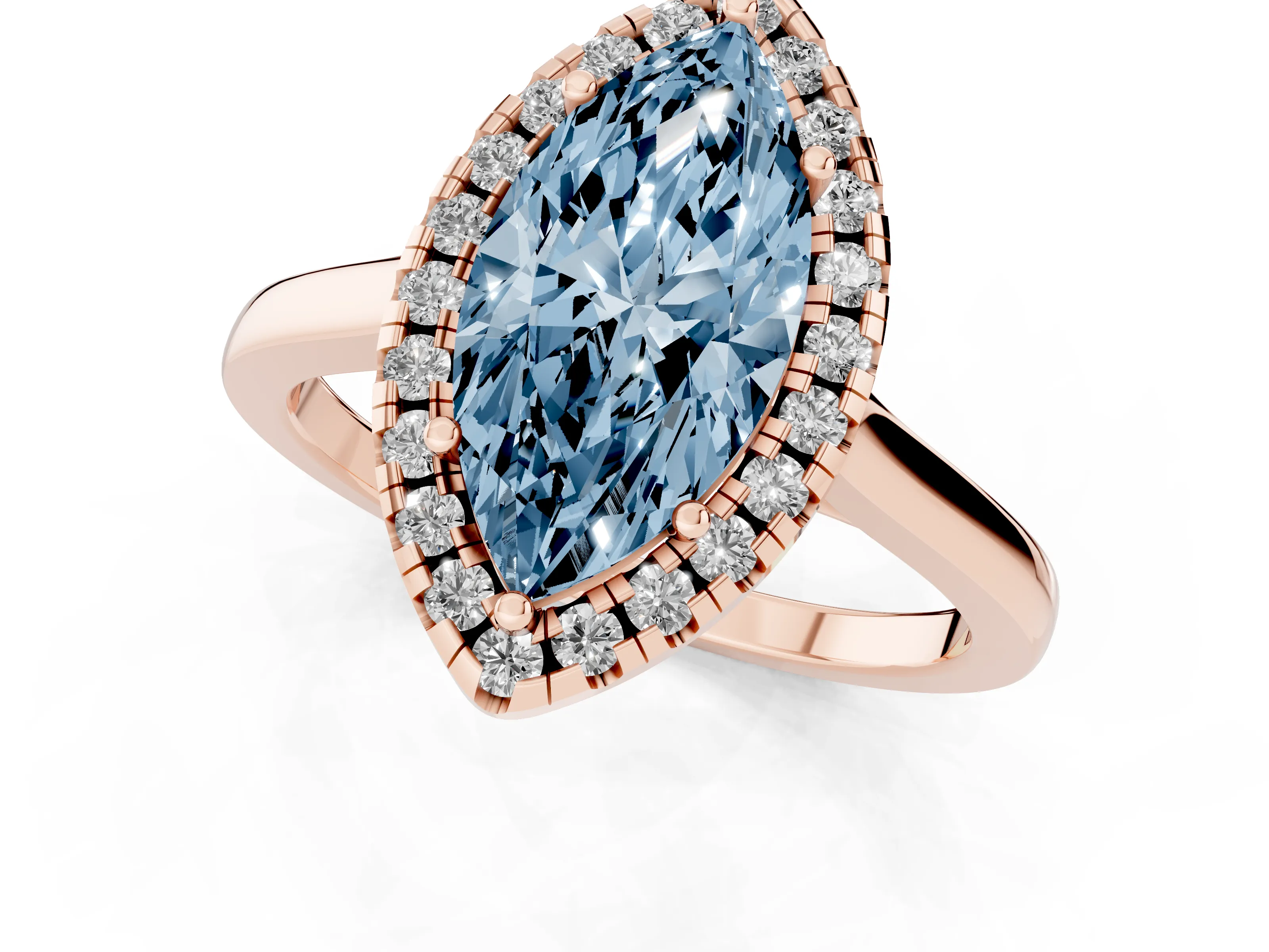 Fancy Blue Marquise Cut Halo Round Diamond Solitaire Ring Set in Rose gold with Pavé Band and Prong Setting
