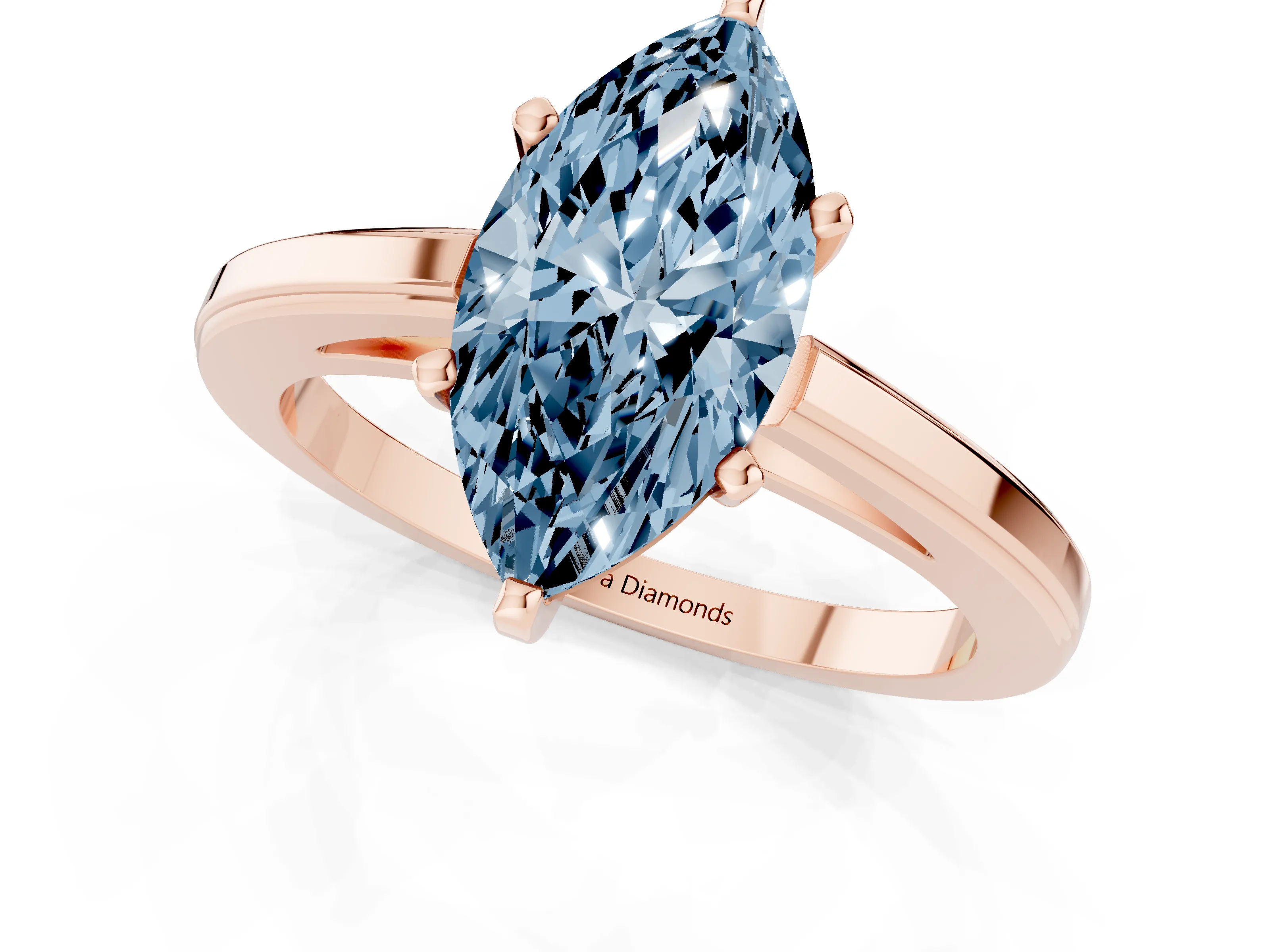 Fancy Blue Marquise Cut Diamond Solitaire Ring Set in Rose gold with Prong Setting and Classic Band