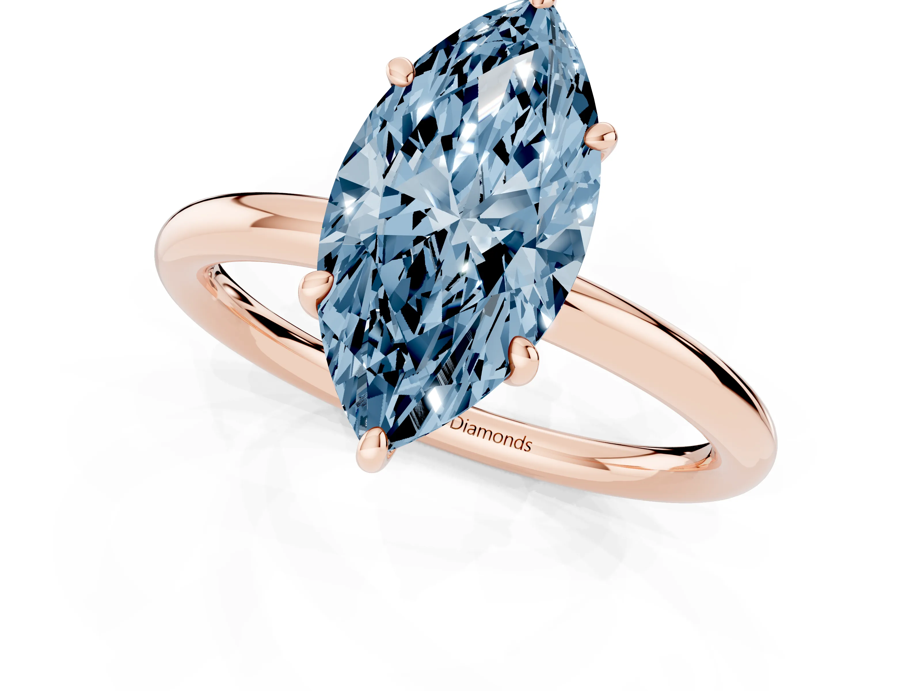 Fancy Blue Marquise Cut Diamond Solitaire Ring Set in Rose gold with Prong Setting on a Polished Plain Band