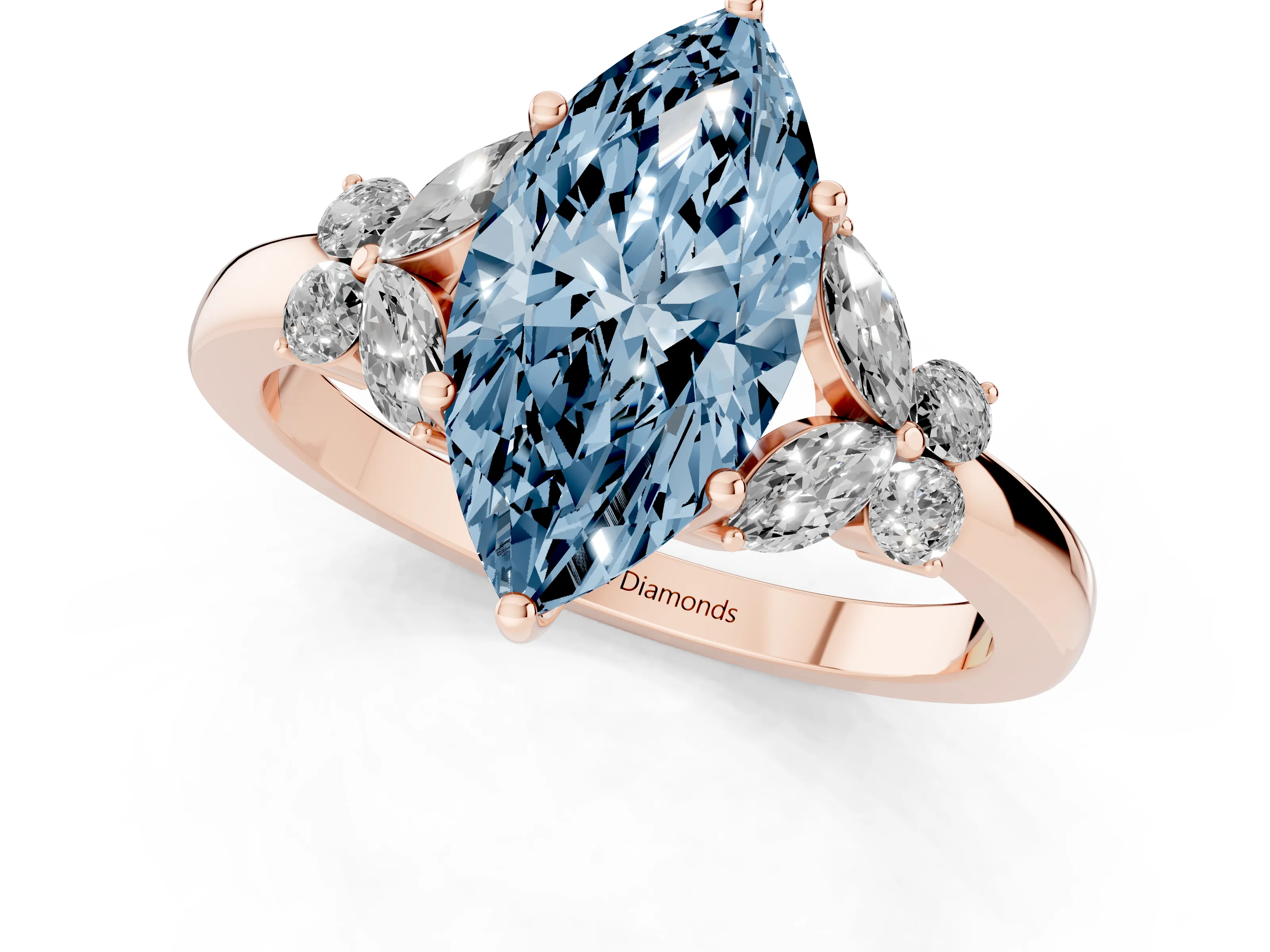 Fancy Blue Marquise Cut Diamond Solitaire Floral Ring Set in Rose gold with Marquise Petals and Prong Setting