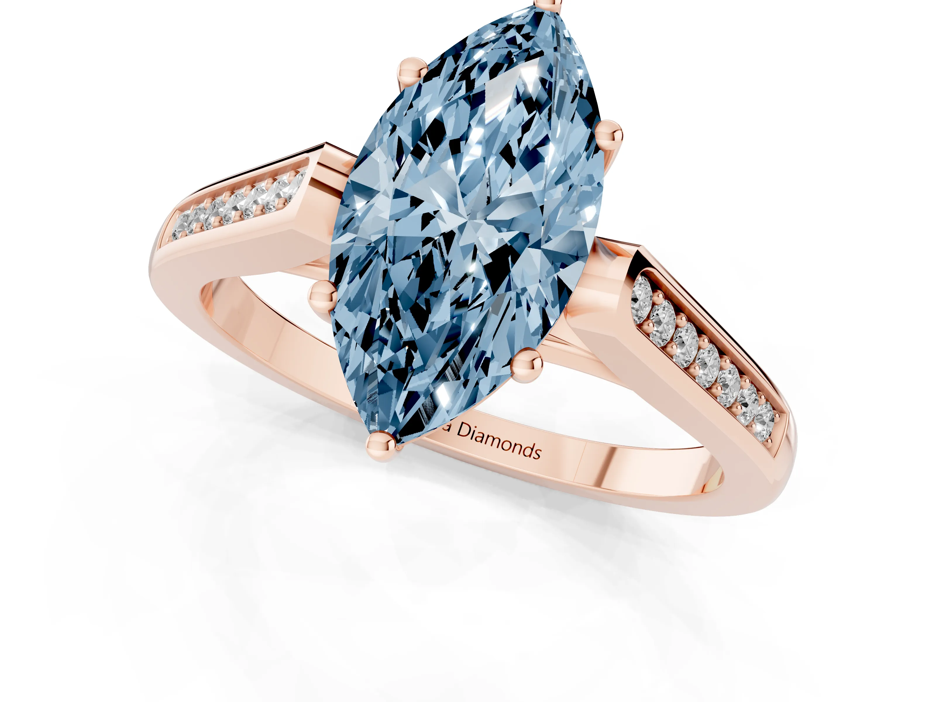 Fancy Blue Marquise Cut Diamond Solitaire Cathedral Engagement Ring Set in Rose gold with Channel-Set Band and Prong Setting