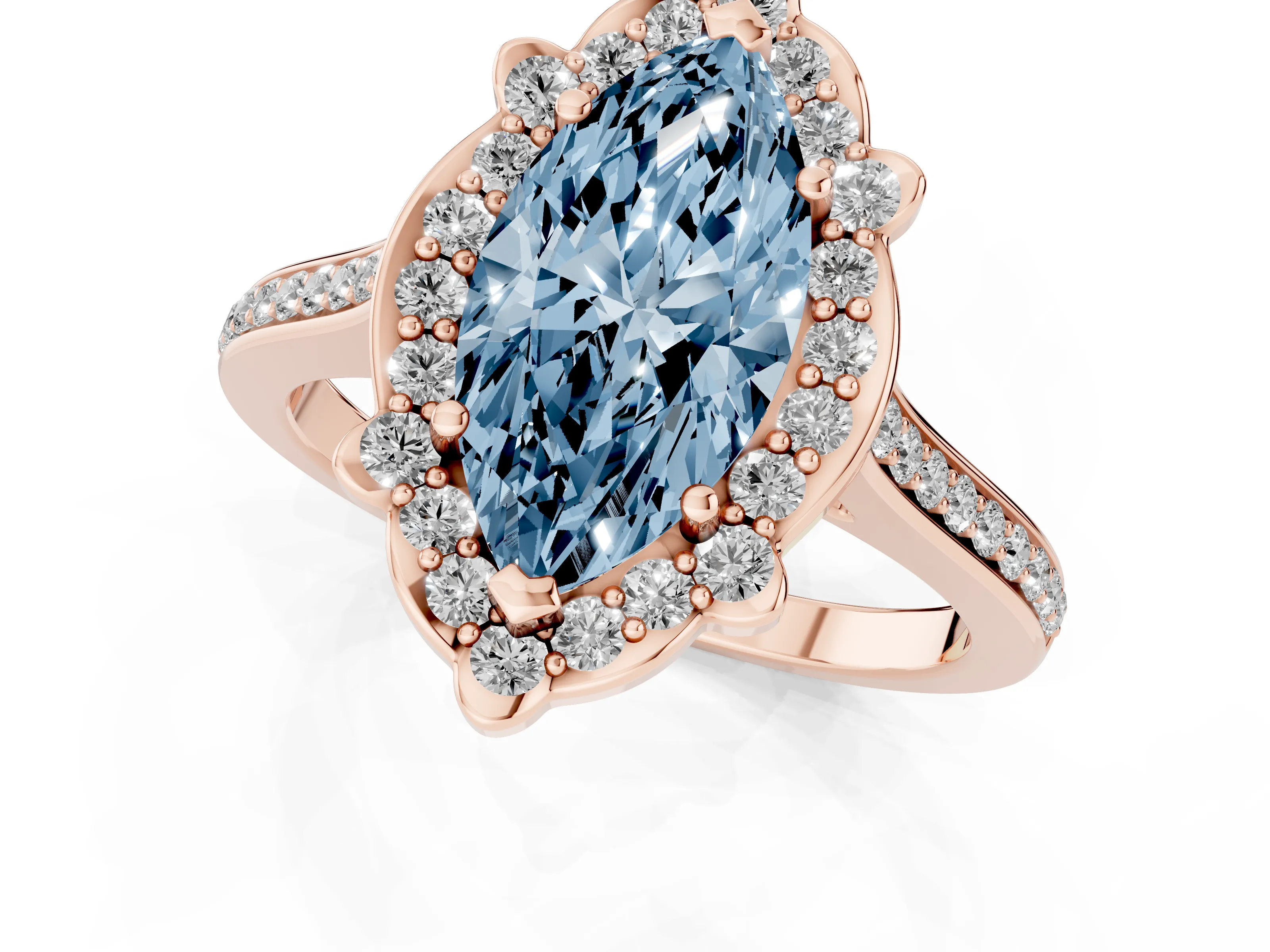 Fancy Blue Marquise Cut Diamond Halo Ring Set in Rose gold with Pavé-Lined Shoulders and Prong Setting