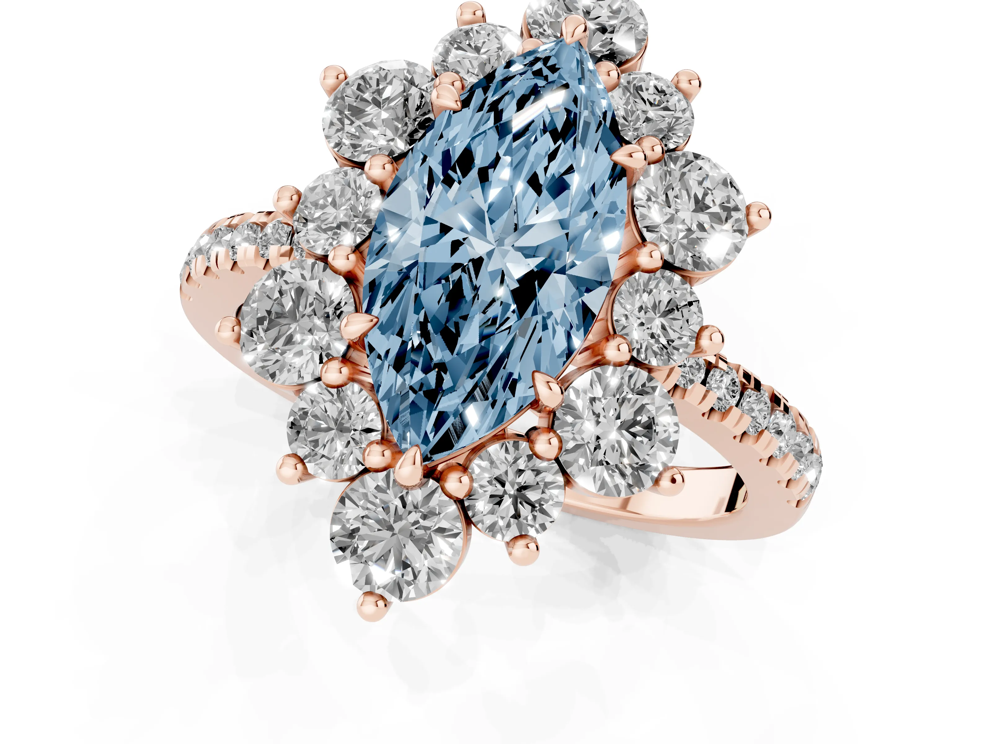 Fancy Blue Marquise Cut Diamond Floral Halo Ring Set in Rose gold with Round Pavé Band and Prong Setting