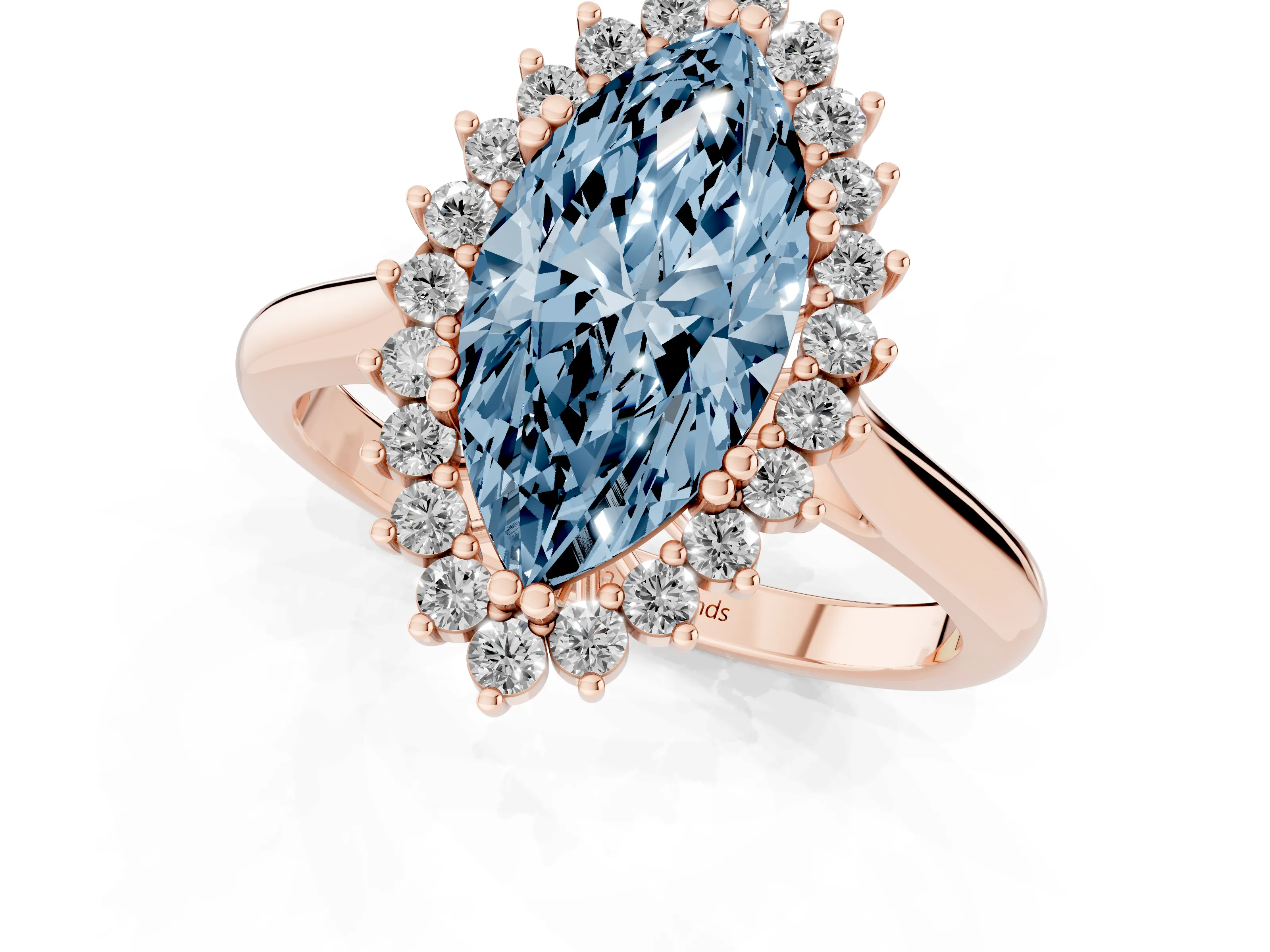 Fancy Blue Marquise Cut Diamond Halo Ring Set in Rose gold with Plain Solitaire Band and Prong Setting