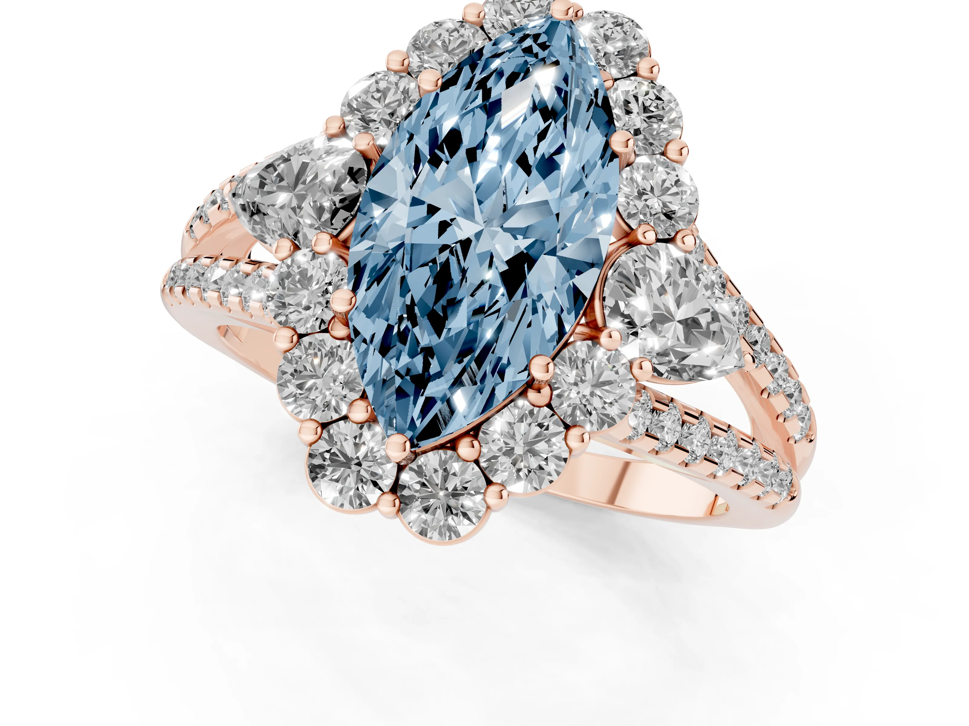 Fancy Blue Marquise Cut Diamond Halo Split Shank Engagement Ring Set in Rose gold with Prong-Held Center Stone