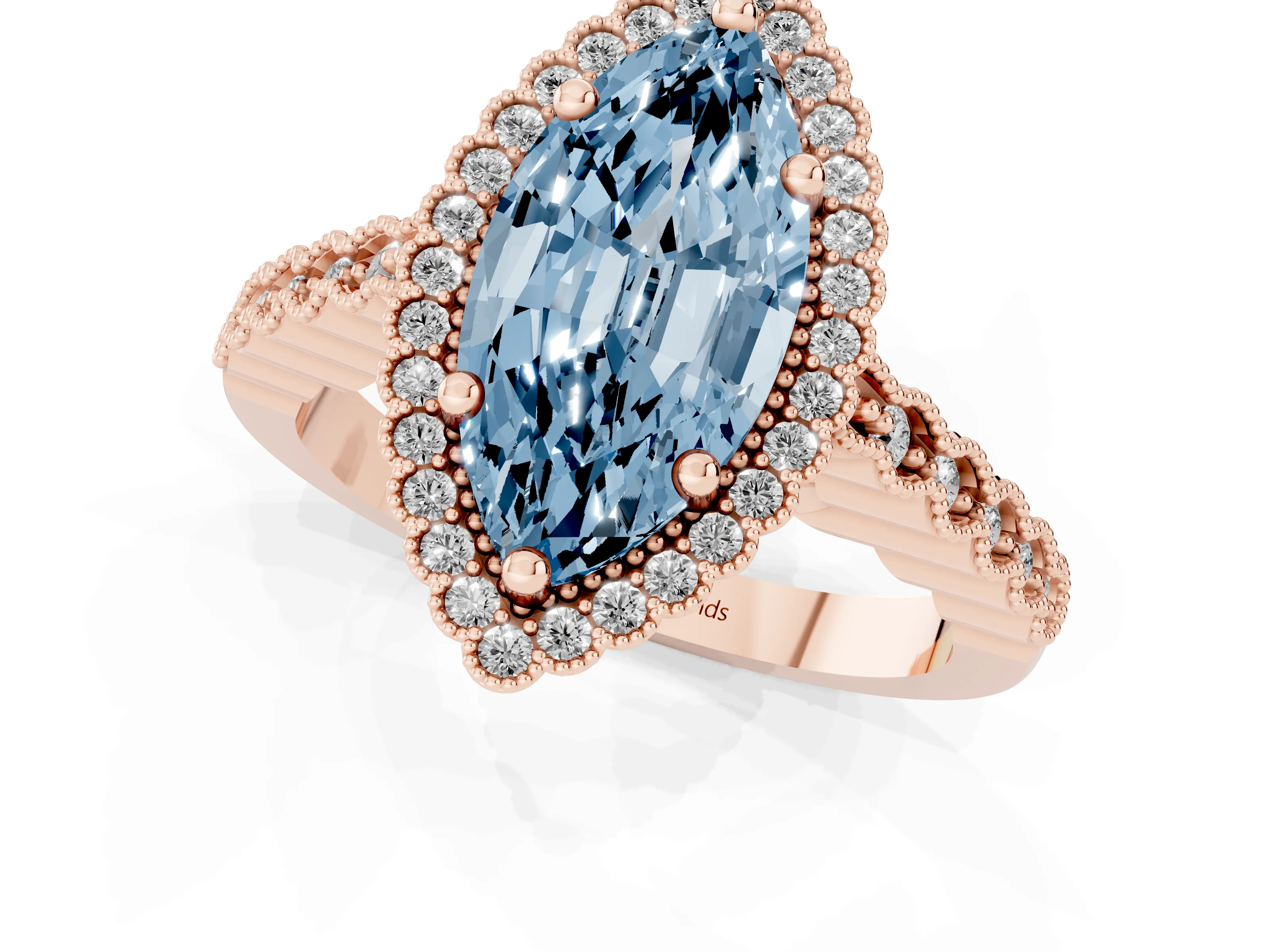 Fancy Blue Marquise Cut Diamond Halo Ring Set in Rose gold with Pavé Milgrain Band