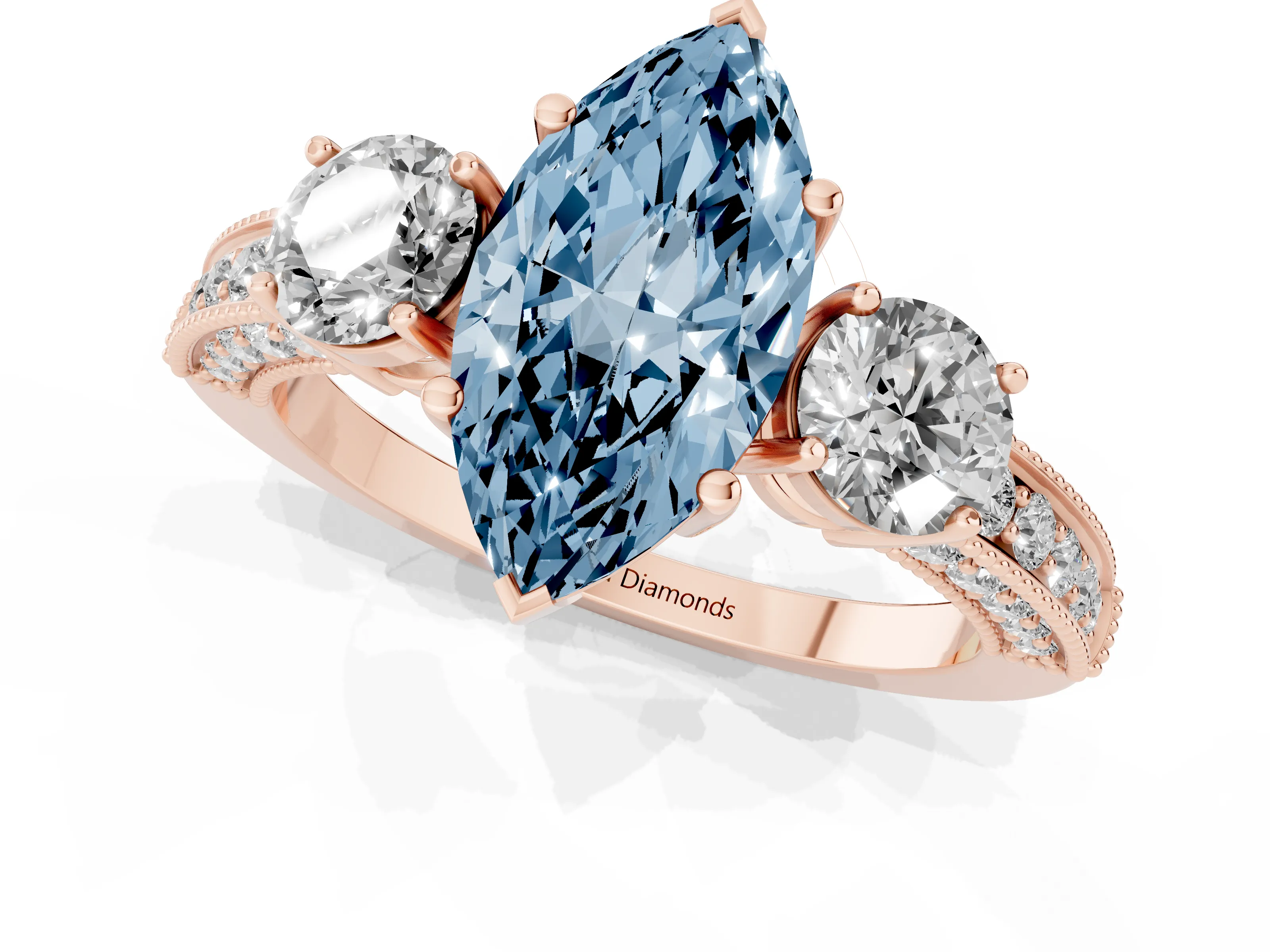 Fancy Blue Marquise Cut Diamond Three-Stone Ring Set in Rose gold with Round Side Stones and Pavé Band