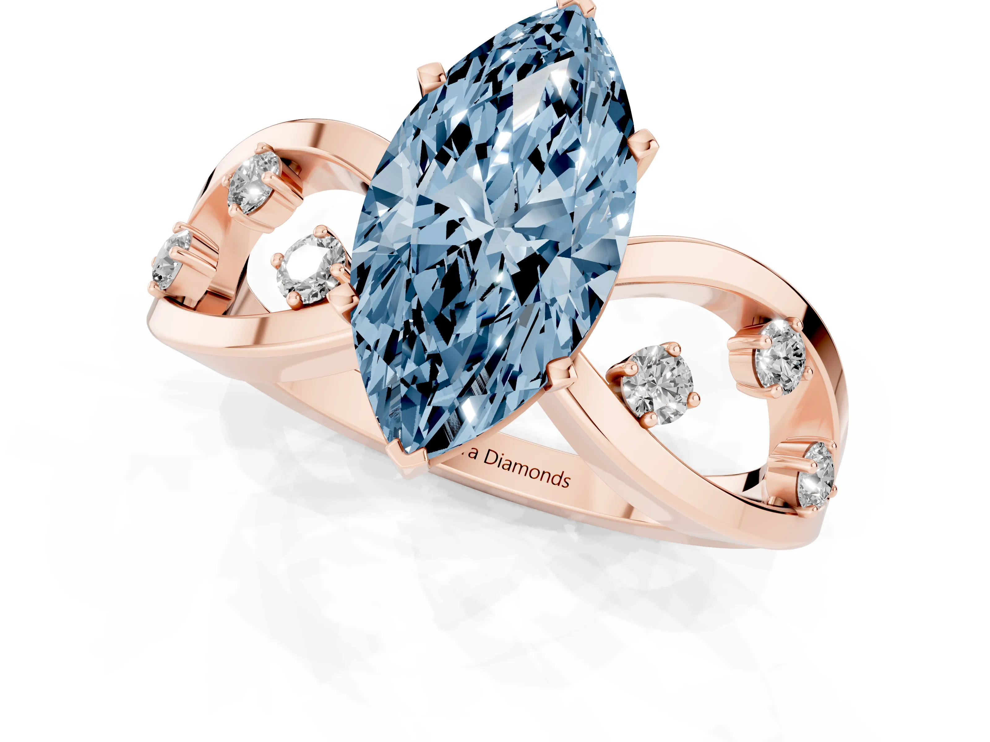 Fancy Blue Marquise Cut Diamond Solitaire Ring Set in Rose gold with Side Stones on Criss-Cross Band and Prong Setting