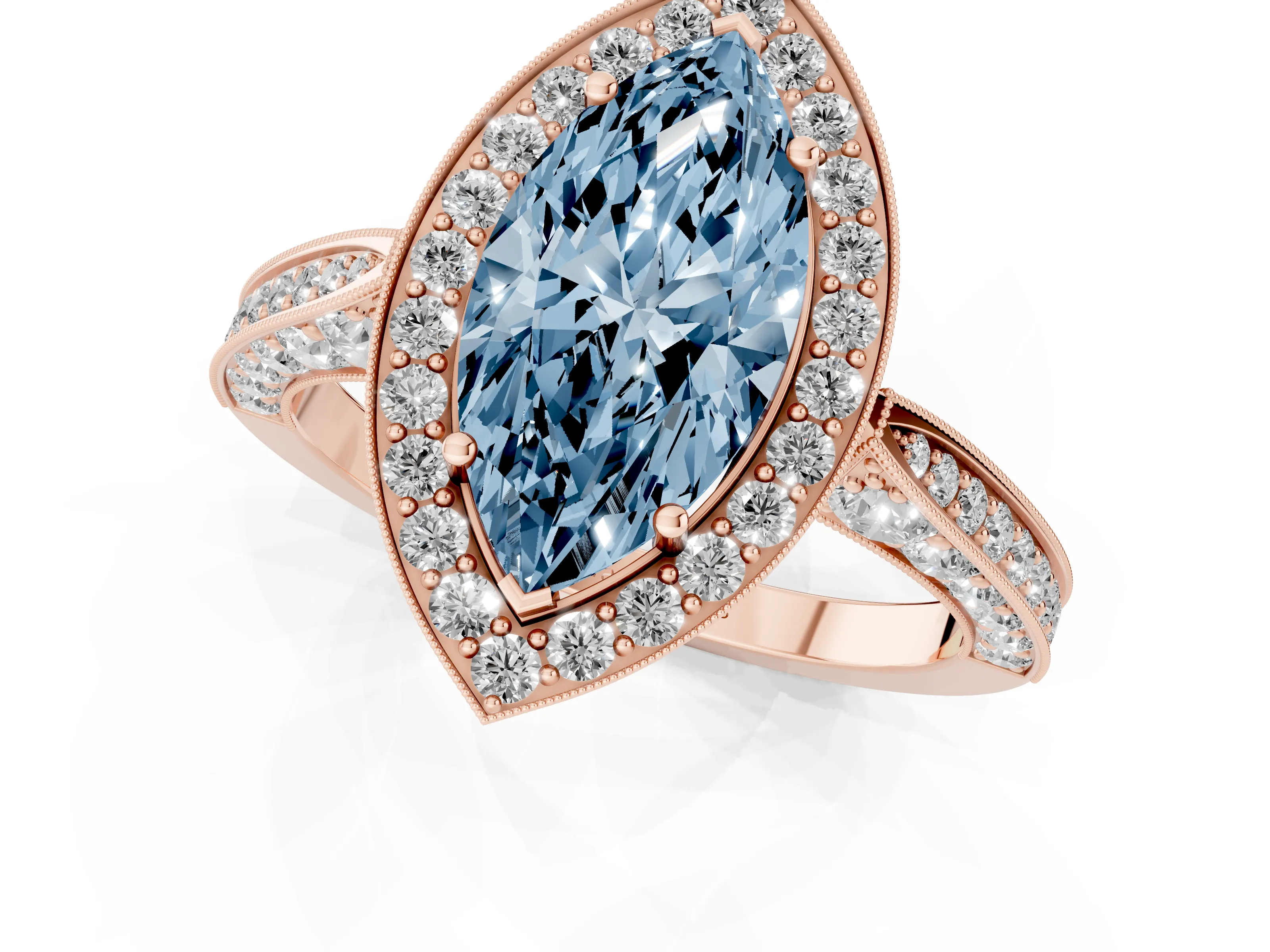 Fancy Blue Marquise Cut Diamond Halo Engagement Ring Set in Rose gold with Accent Split Shank Band