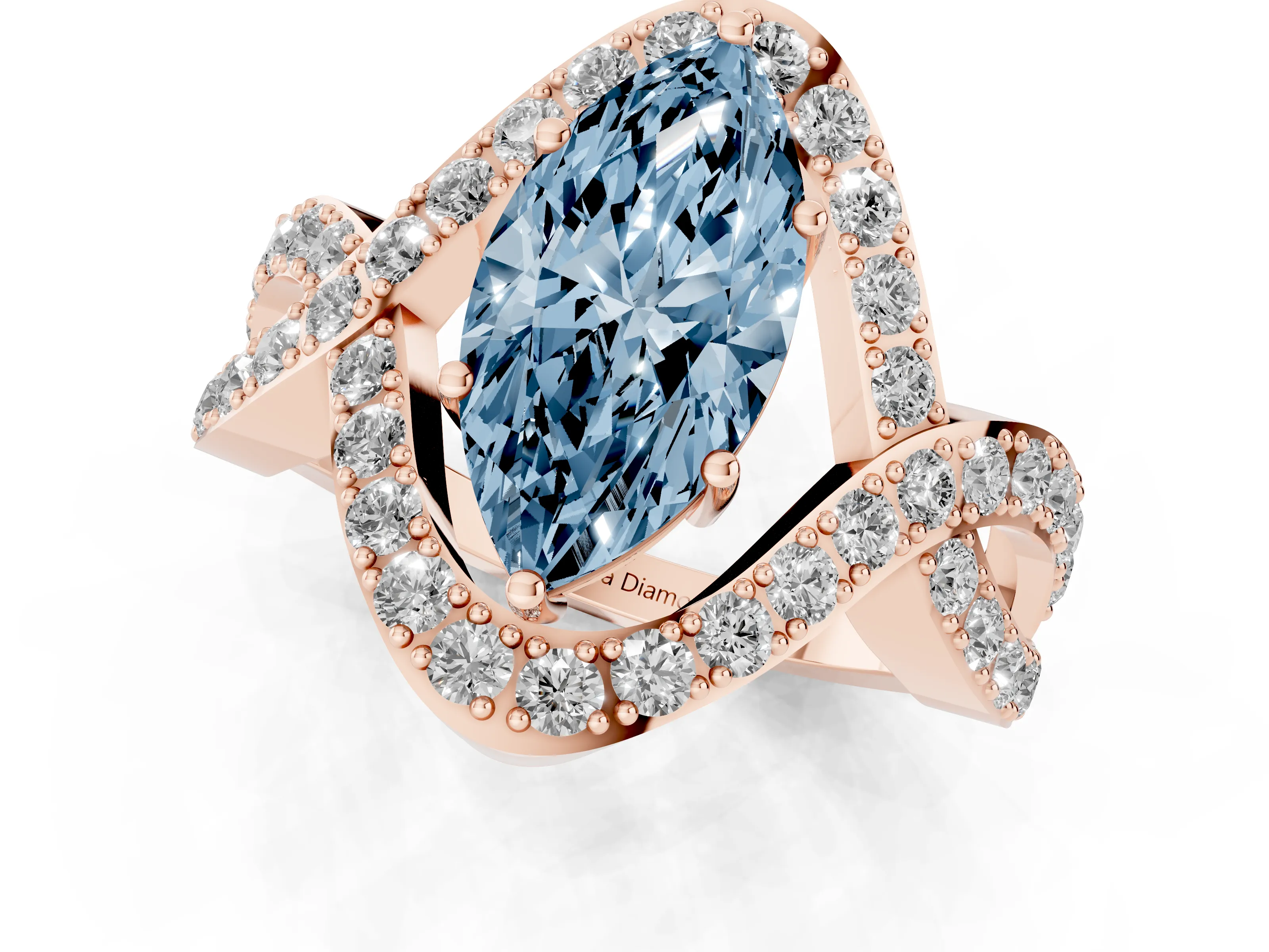 Fancy Blue Marquise Cut Diamond Solitaire Twist Band Pavé Engagement Ring Set in Rose gold