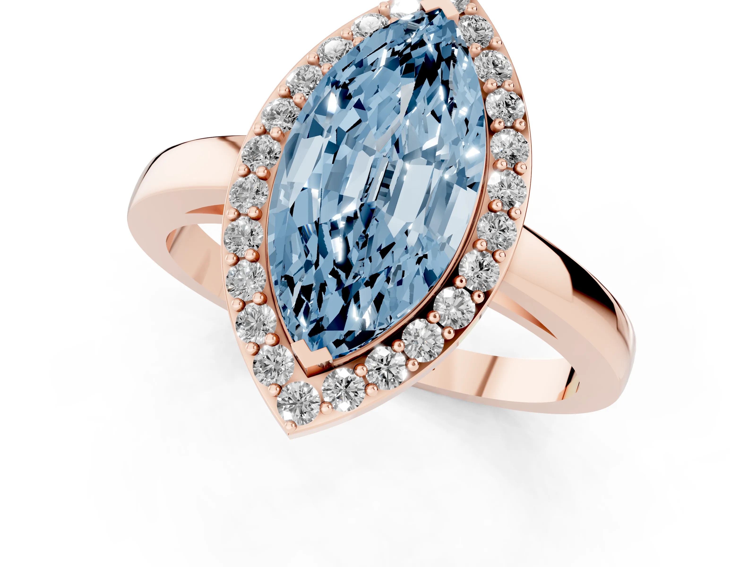 Fancy Blue Marquise Cut Diamond Halo Ring Set in Rose gold with Solitaire Band and Prong Setting