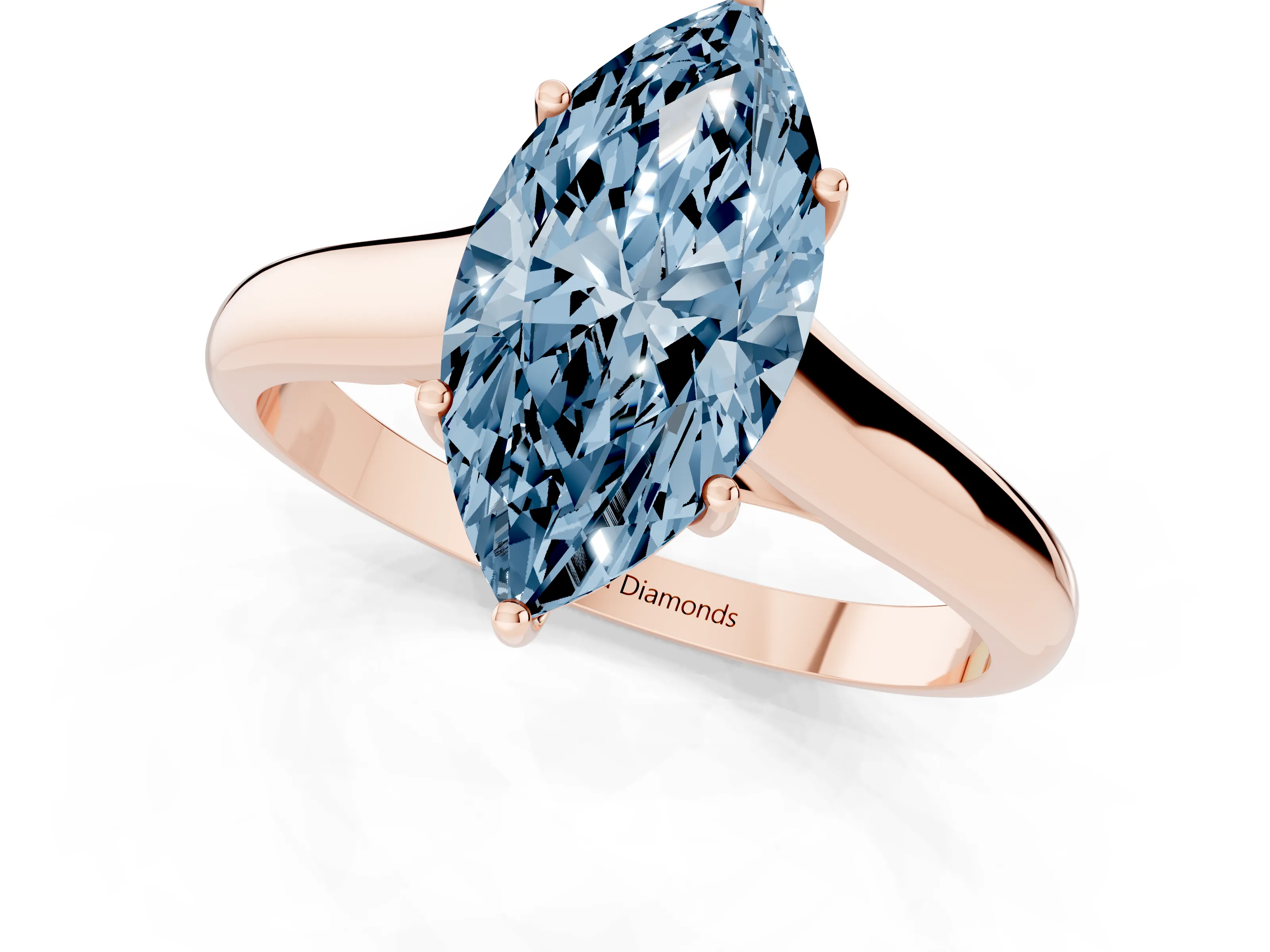 Fancy Blue Marquise Cut Diamond Solitaire Engagement Ring Set in Rose gold with Subtly Tapered Band and Prong Setting