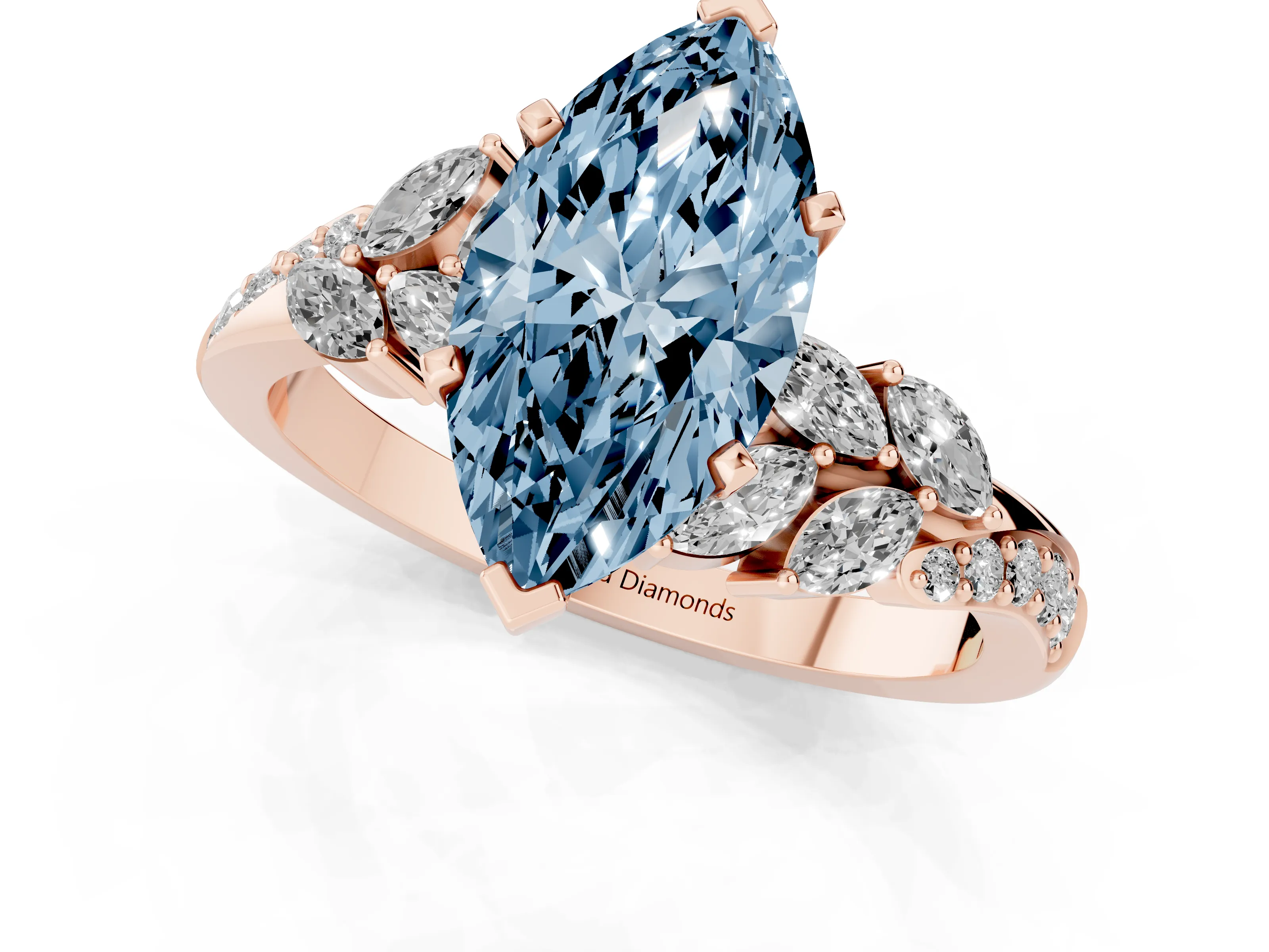 Fancy Blue Marquise Cut Diamond Solitaire Ring Set in Rose gold with Marquise Twist Band and Prong Setting
