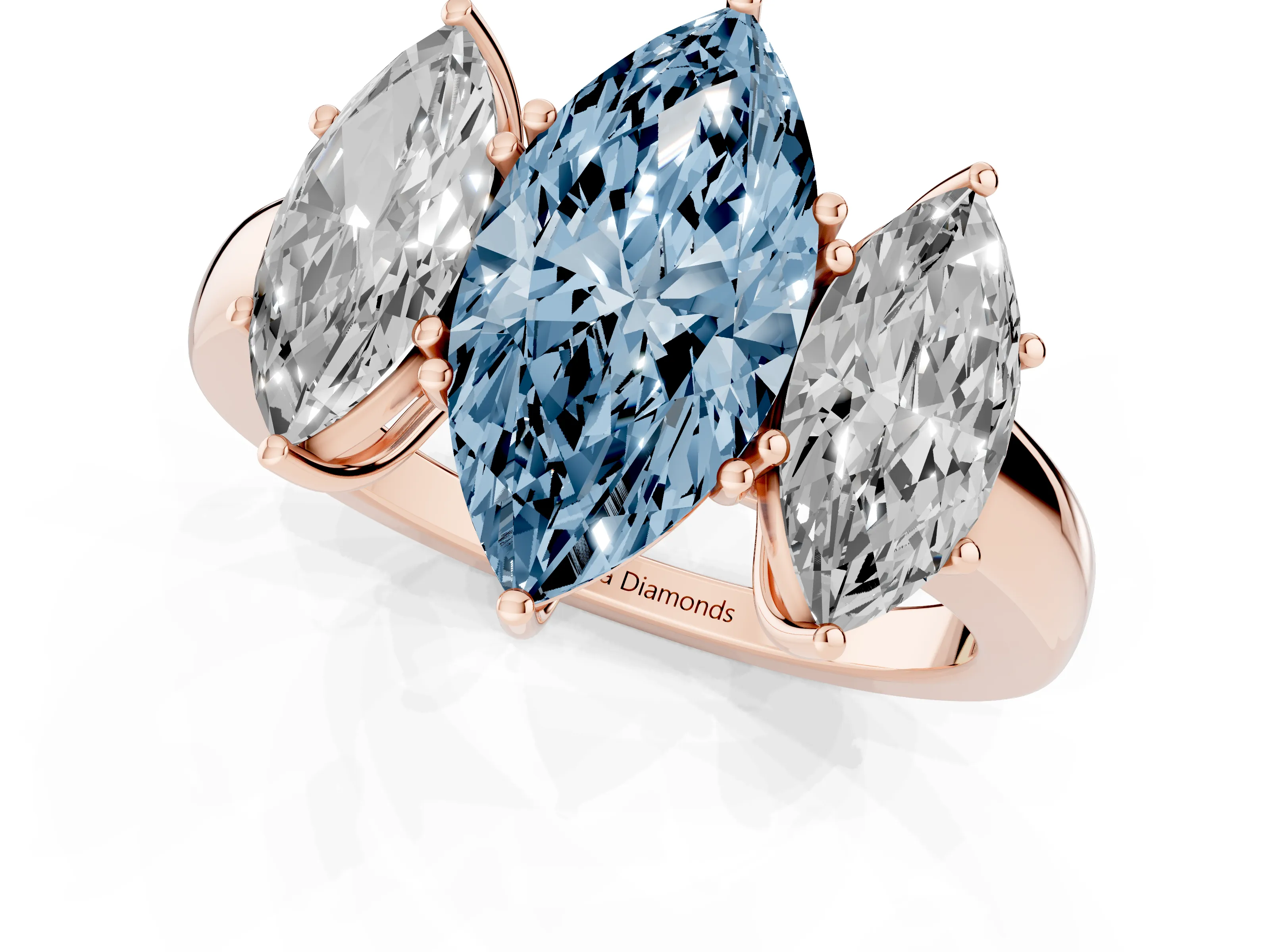 Fancy Blue Marquise Cut Diamond Three-Stone Ring Set in Rose gold with Bold Center and Classic Band