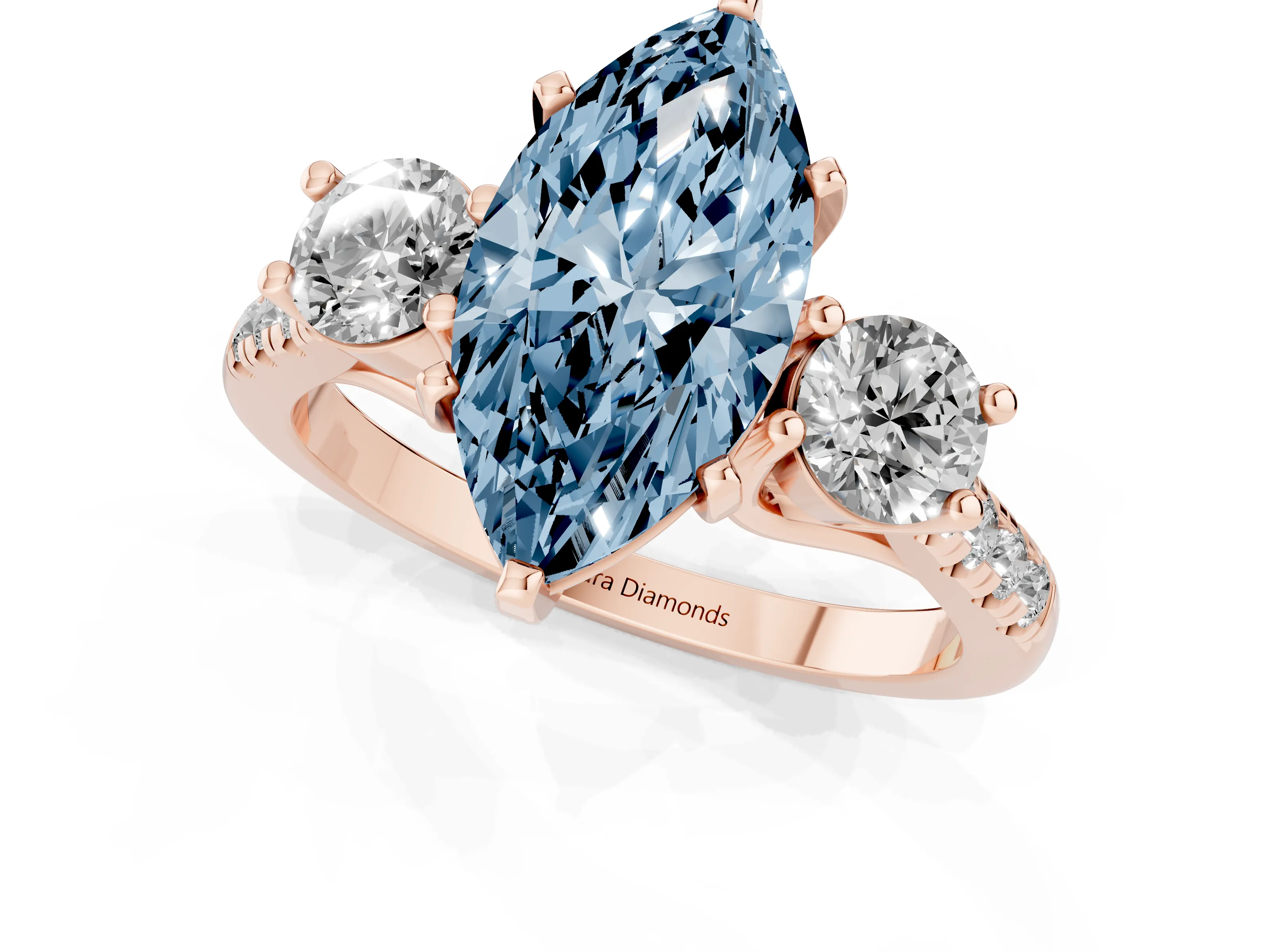Fancy Blue Three-Stone Marquise Cut Diamond Pavé Band Ring Set in Rose gold with Prong-Set Trio