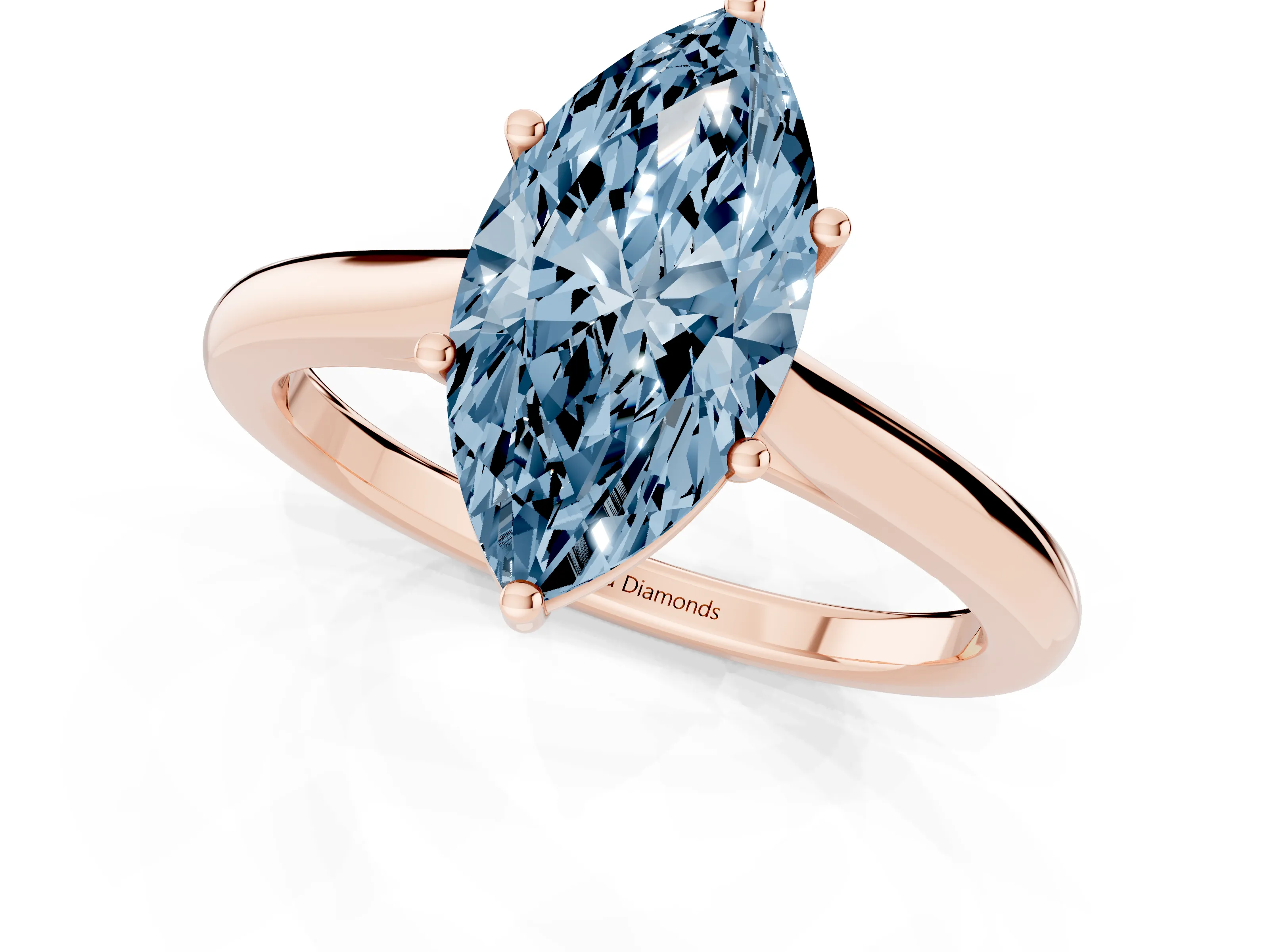 Fancy Blue Marquise Cut Diamond Solitaire Ring Set in Rose gold with Cathedral Band and Prong Setting