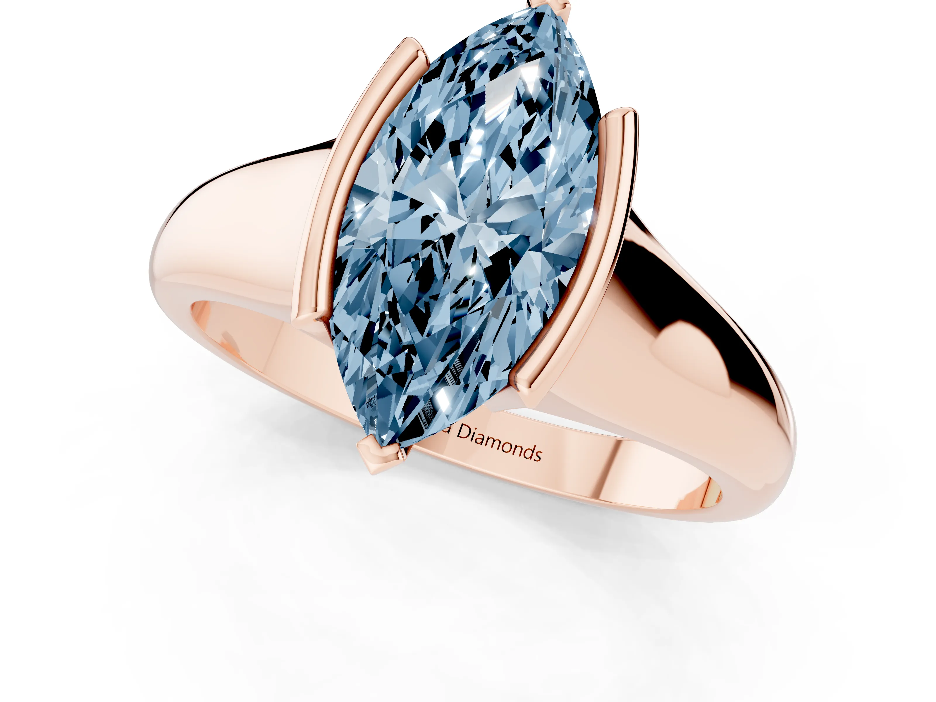 Fancy Blue Marquise Cut Diamond Solitaire Tension Set Ring Set in Rose gold with Split Shank Band