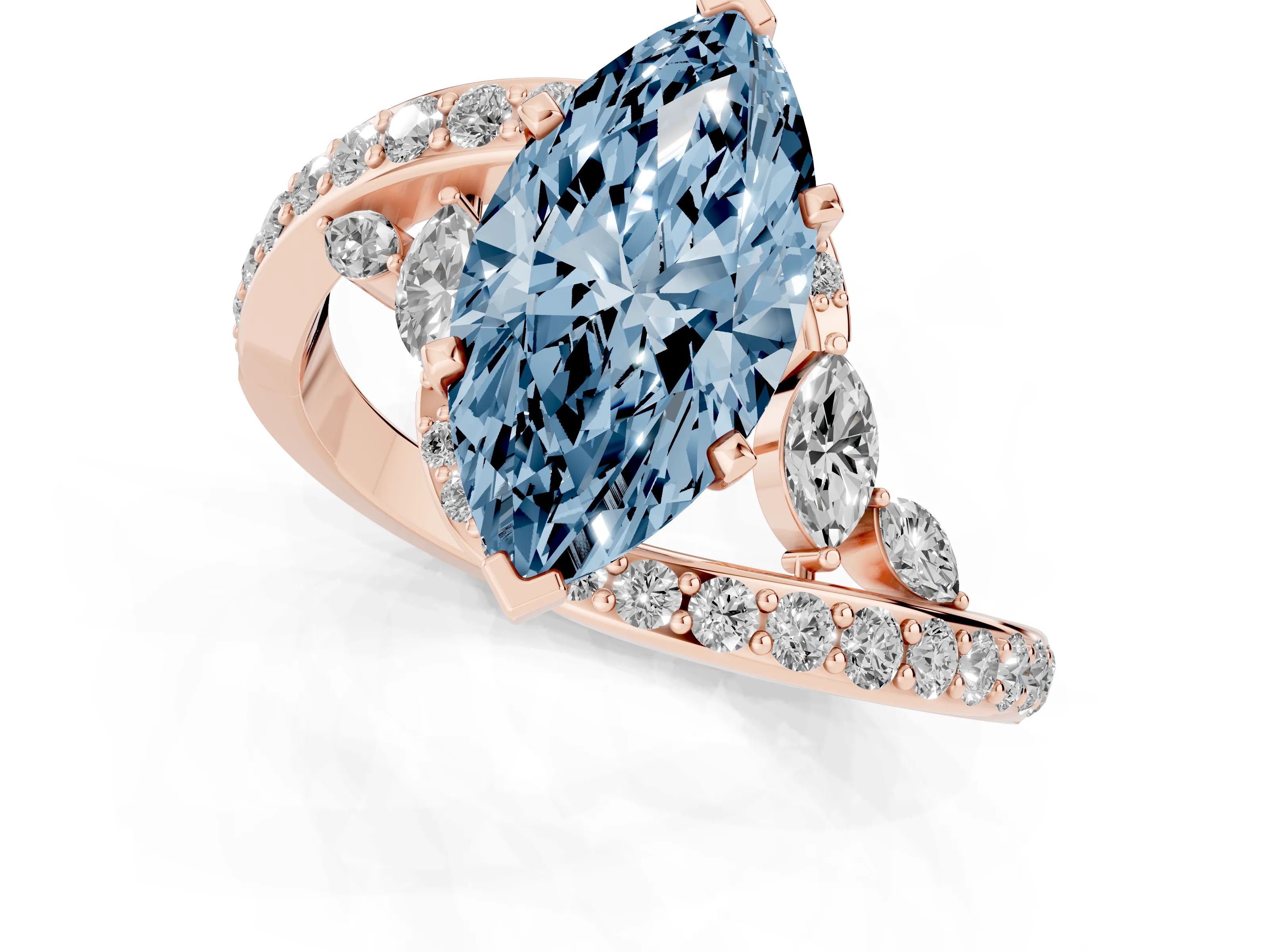 Fancy Blue Marquise Cut Diamond Solitaire Ring Set in Rose gold with Pavé Twist Band and Secure Prong Setting