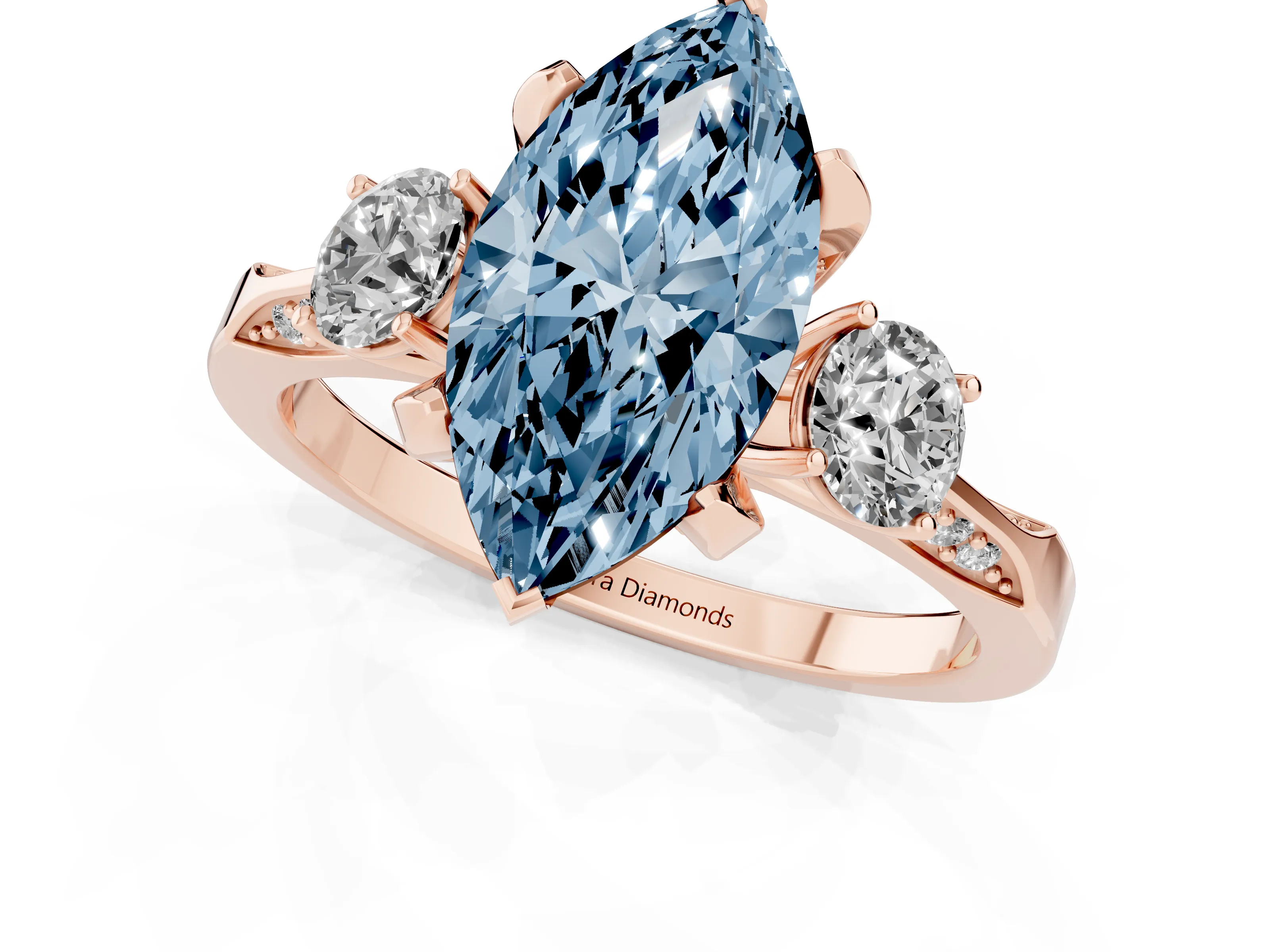 Fancy Blue Marquise Cut Diamond Three-Stone Ring Set in Rose gold with Pavé Band and Smaller Side Stones