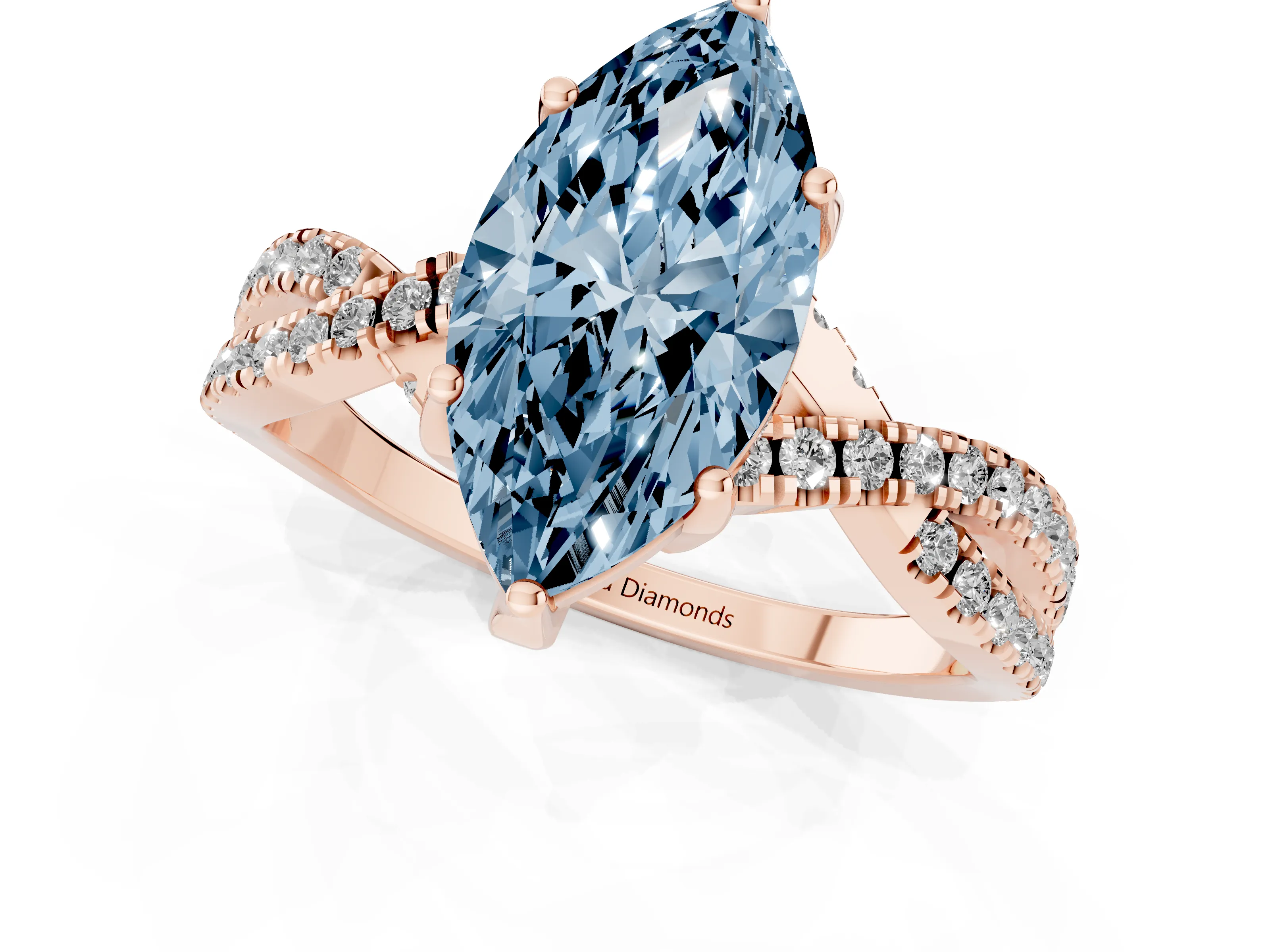 Fancy Blue Marquise Cut Diamond Twist Pavé Solitaire Engagement Ring Set in Rose gold with Prong Setting