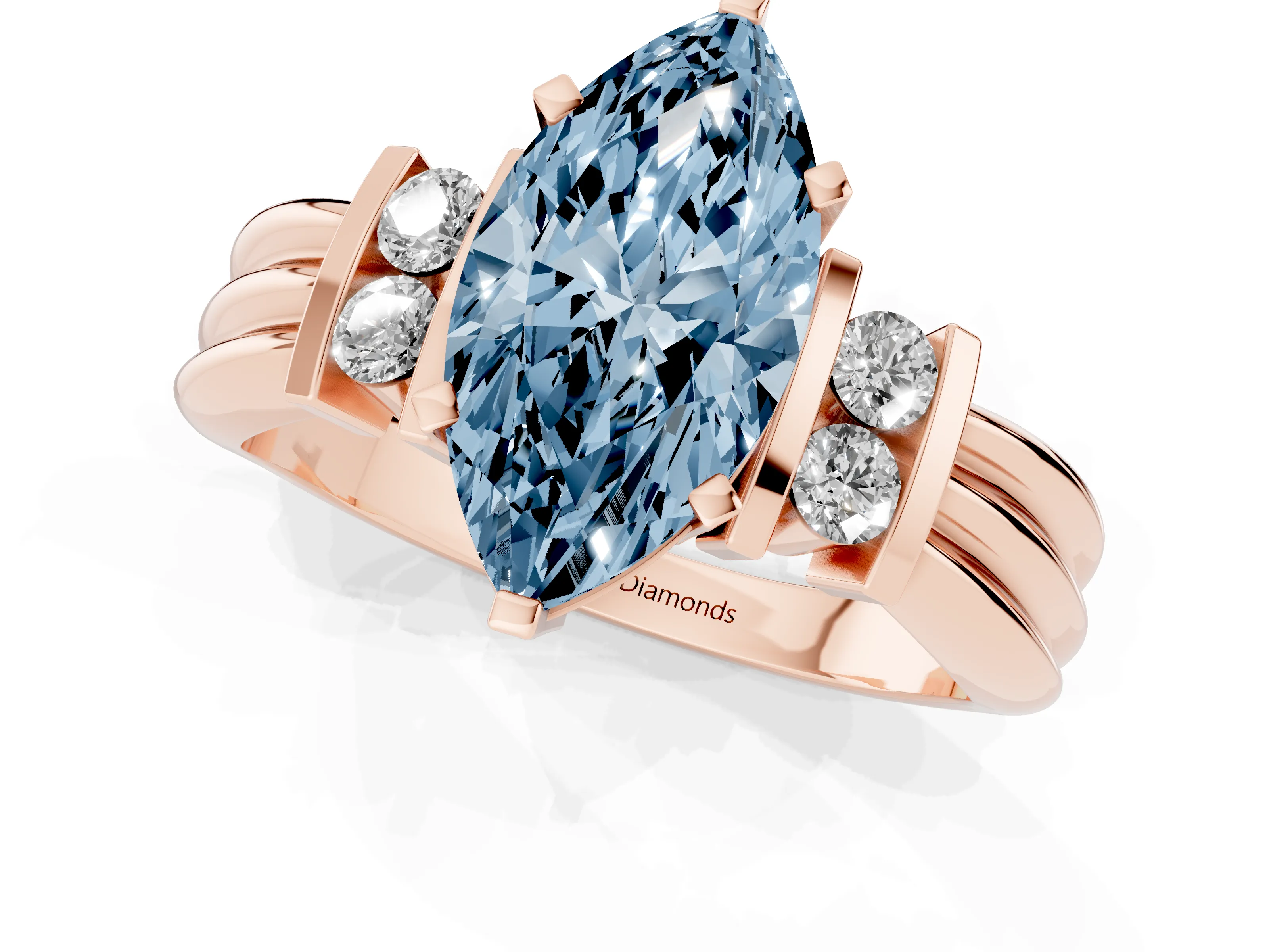 Fancy Blue Three-Stone Marquise Cut Diamond Channel Set Ring Set in Rose gold with Bar Prongs