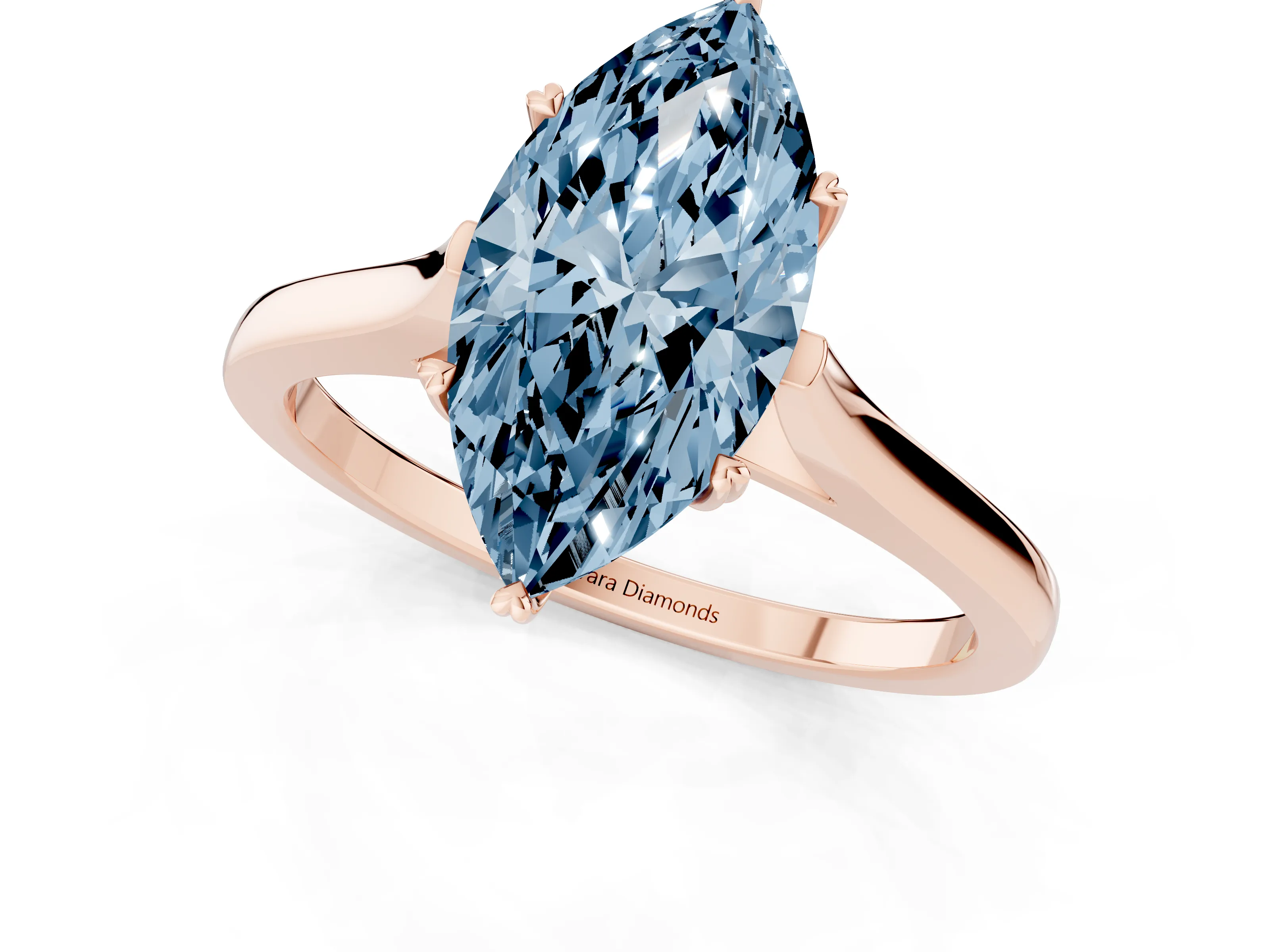 Fancy Blue Marquise Cut Diamond Solitaire Heart Prong Engagement Ring Set in Rose gold with Tapered Band